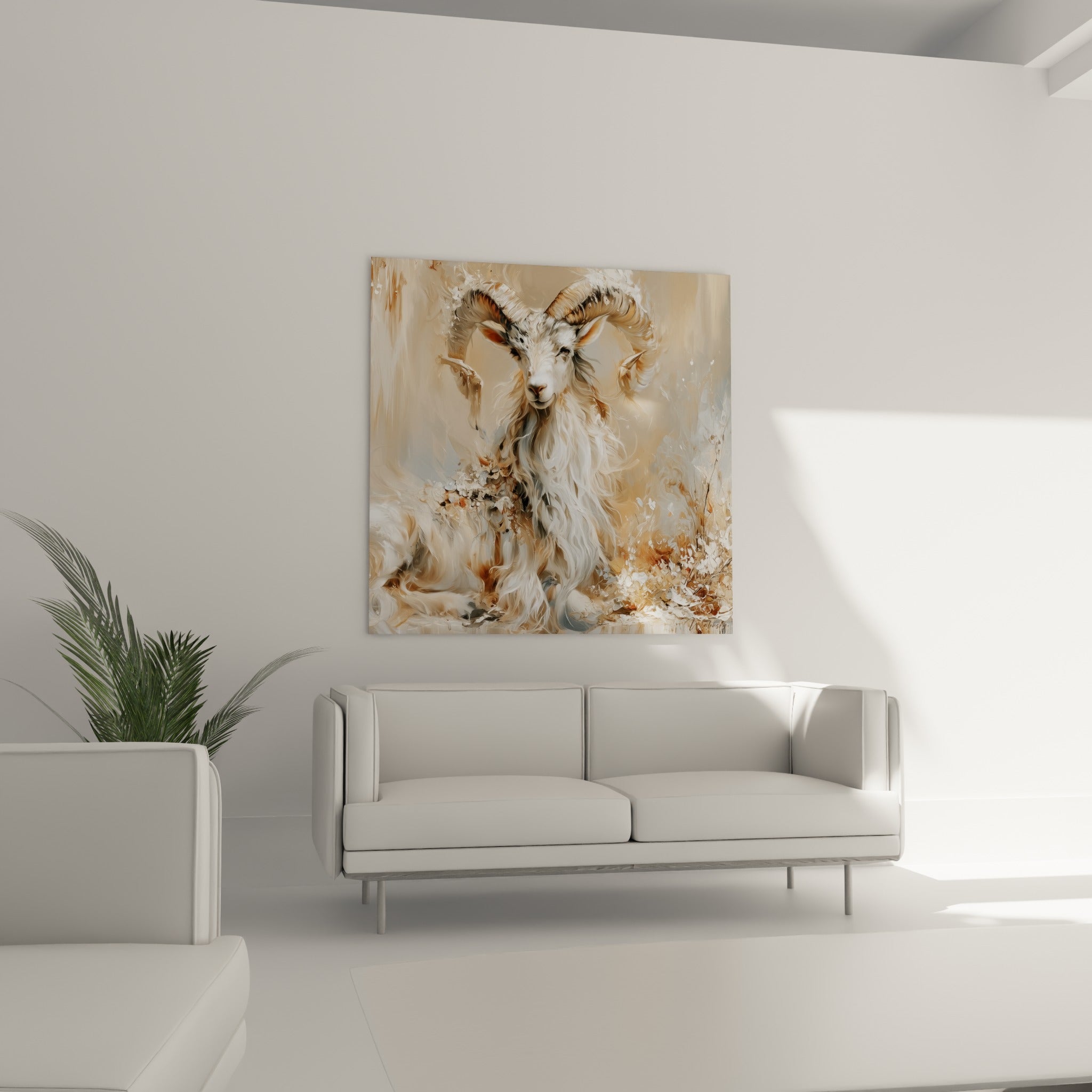 Silhouette beige et ocre du Bélier allongé, présentée au-dessus d'un canapé dans un salon lumineux