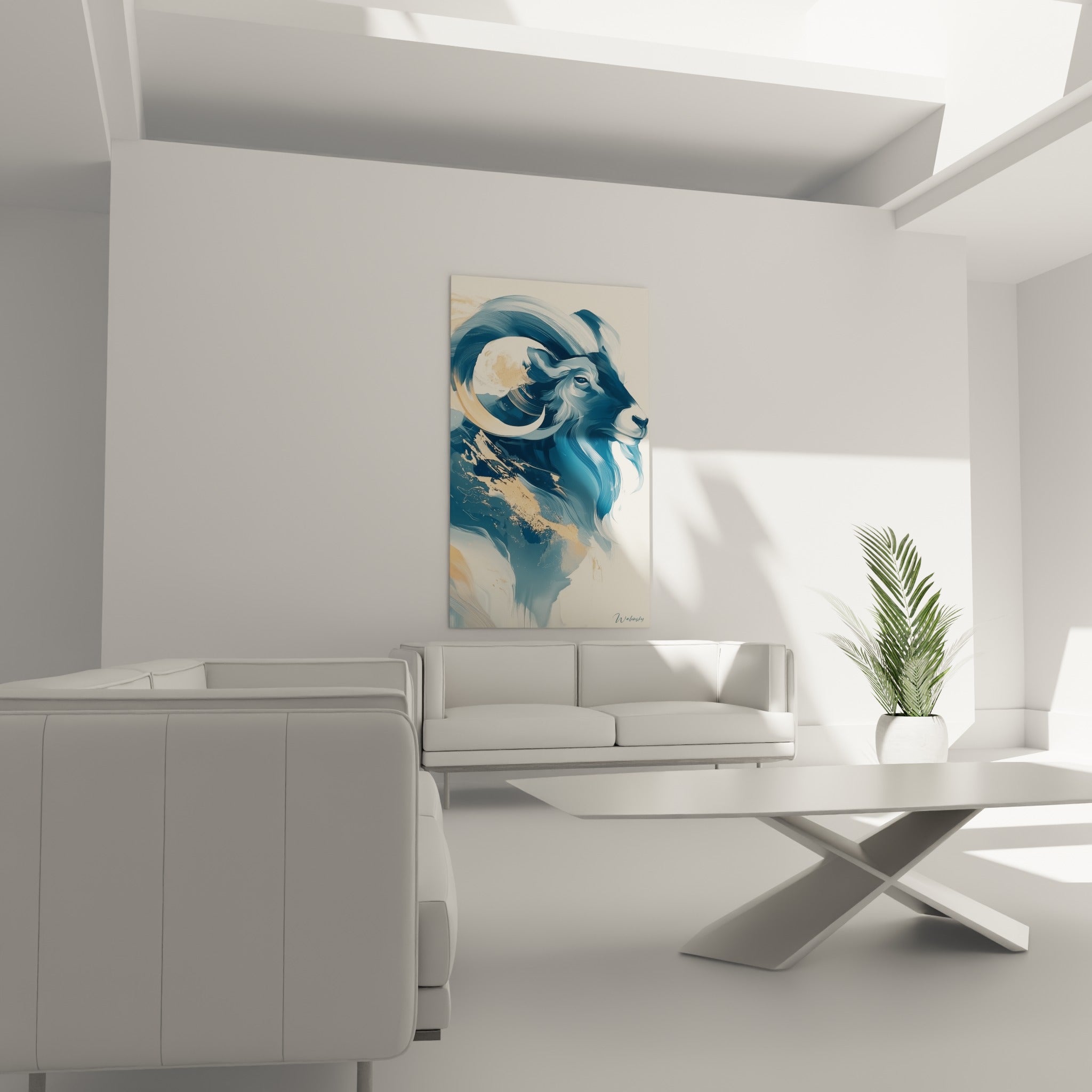 Profil doré et bleu nuit du Bélier stylisé au-dessus d'un canapé dans un salon lumineux