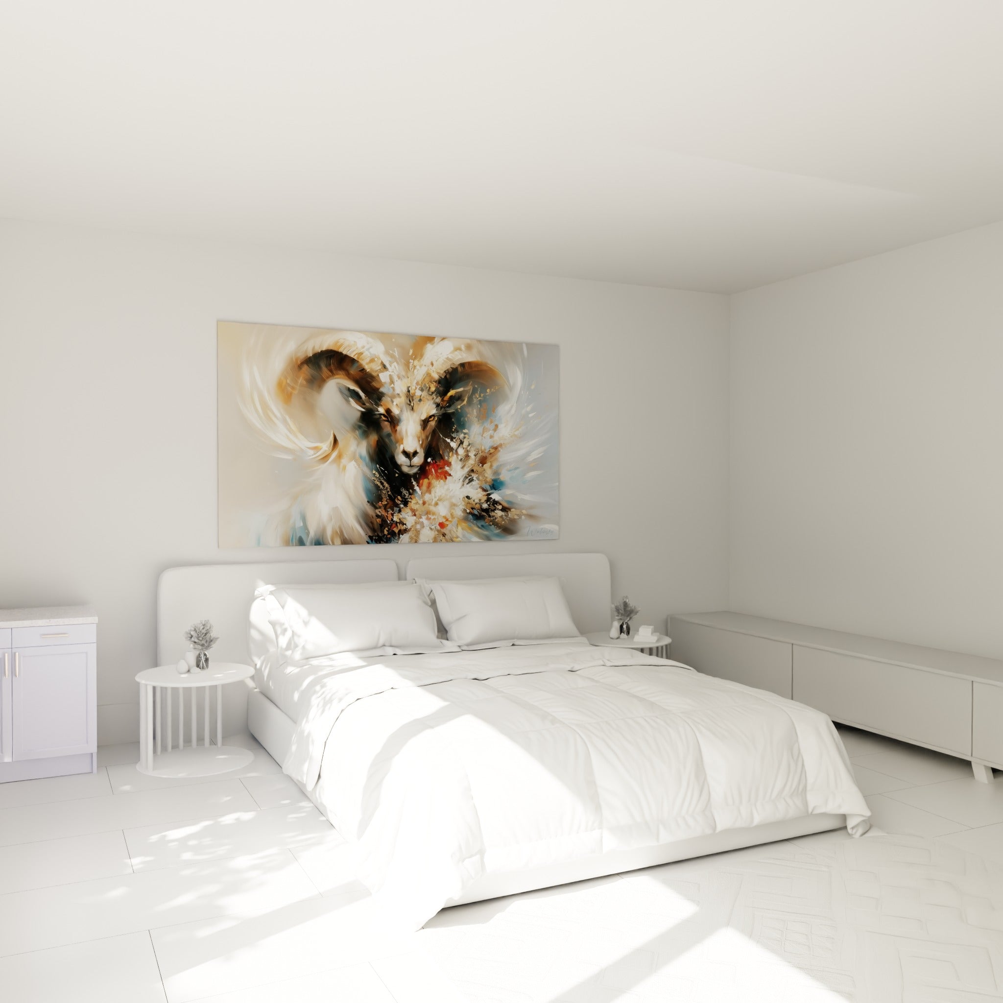 Cornes en spirale ivoire et pelage ocre du bélier, tableau accroché au-dessus d'un lit dans une chambre claire