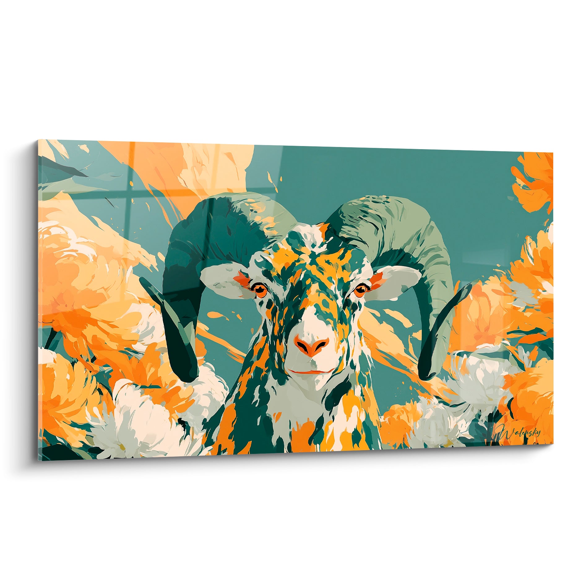 Bélier au regard ambré, cornes vert sarcelle et pelage ocre parmi des fleurs peintes