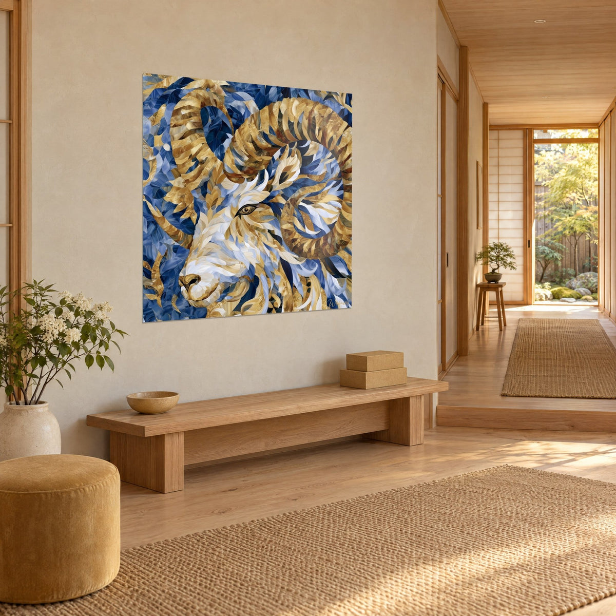 Quadro di muflone maestoso, volute d'oro e frammenti blu reale, occhio ambrato contornato di nero, ingresso japandi di tre quarti