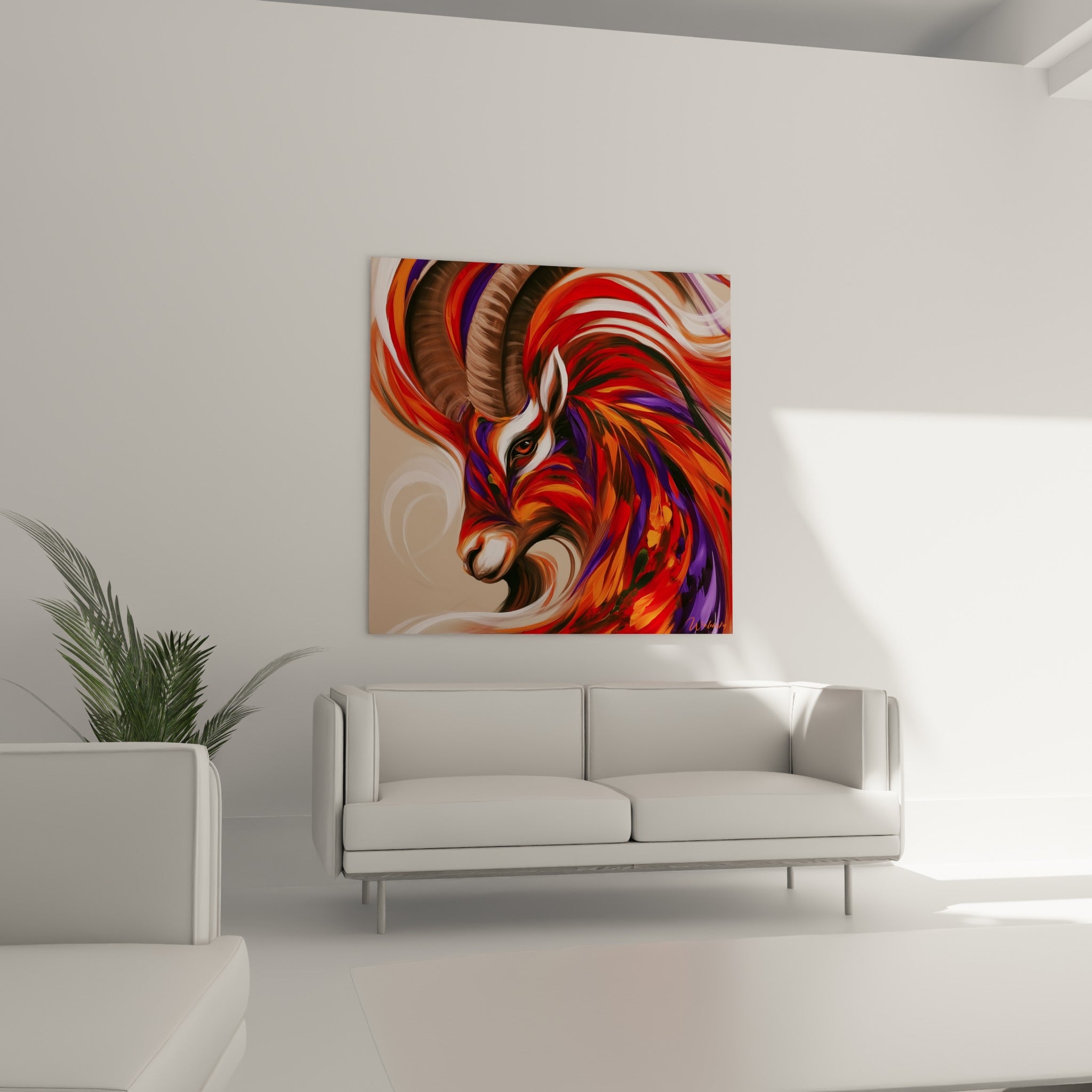 Silhouette fauve du Bélier aux tourbillons rouge et orange placée au-dessus d'un canapé dans un salon lumineux