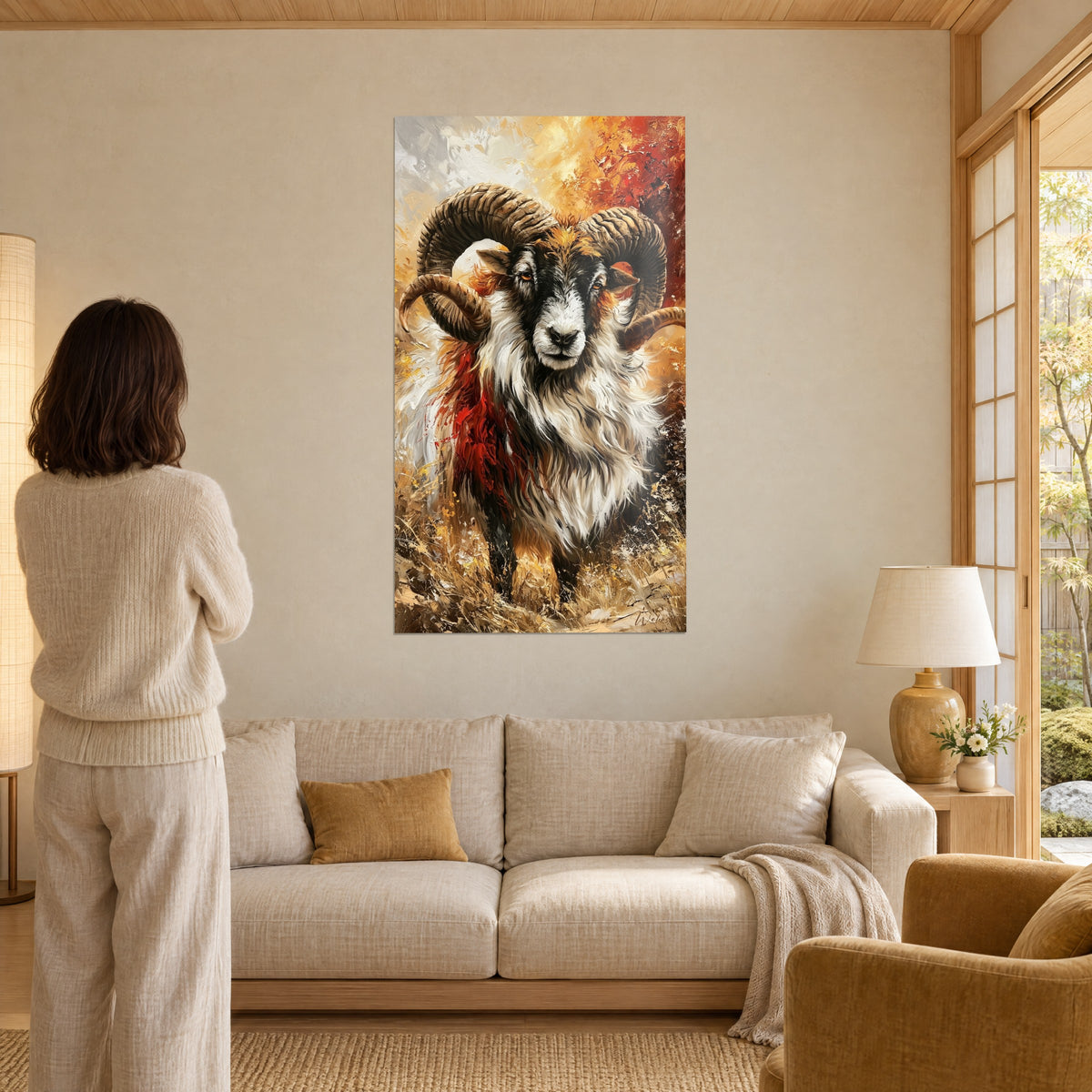 Tableau bélier massif aux cornes spiralées brunes, toison blanche et noire sur fond rouge ocre, au-dessus d'un canapé dans un salon lumineux