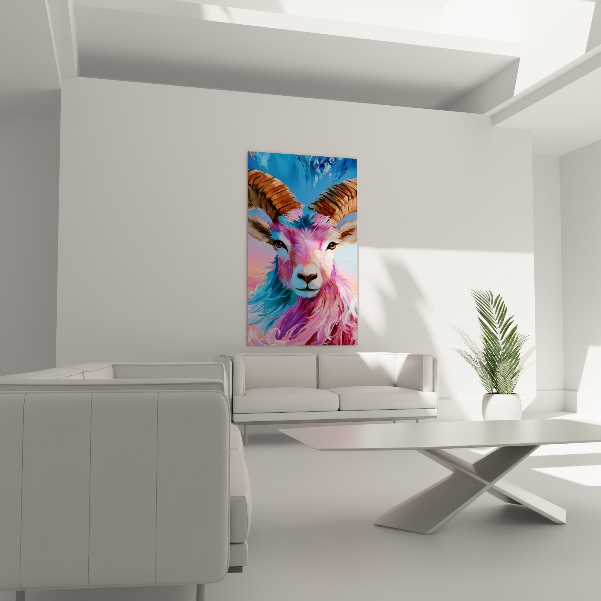 Regard sombre et fourrure turquoise du Bélier surplombant un canapé dans un salon lumineux