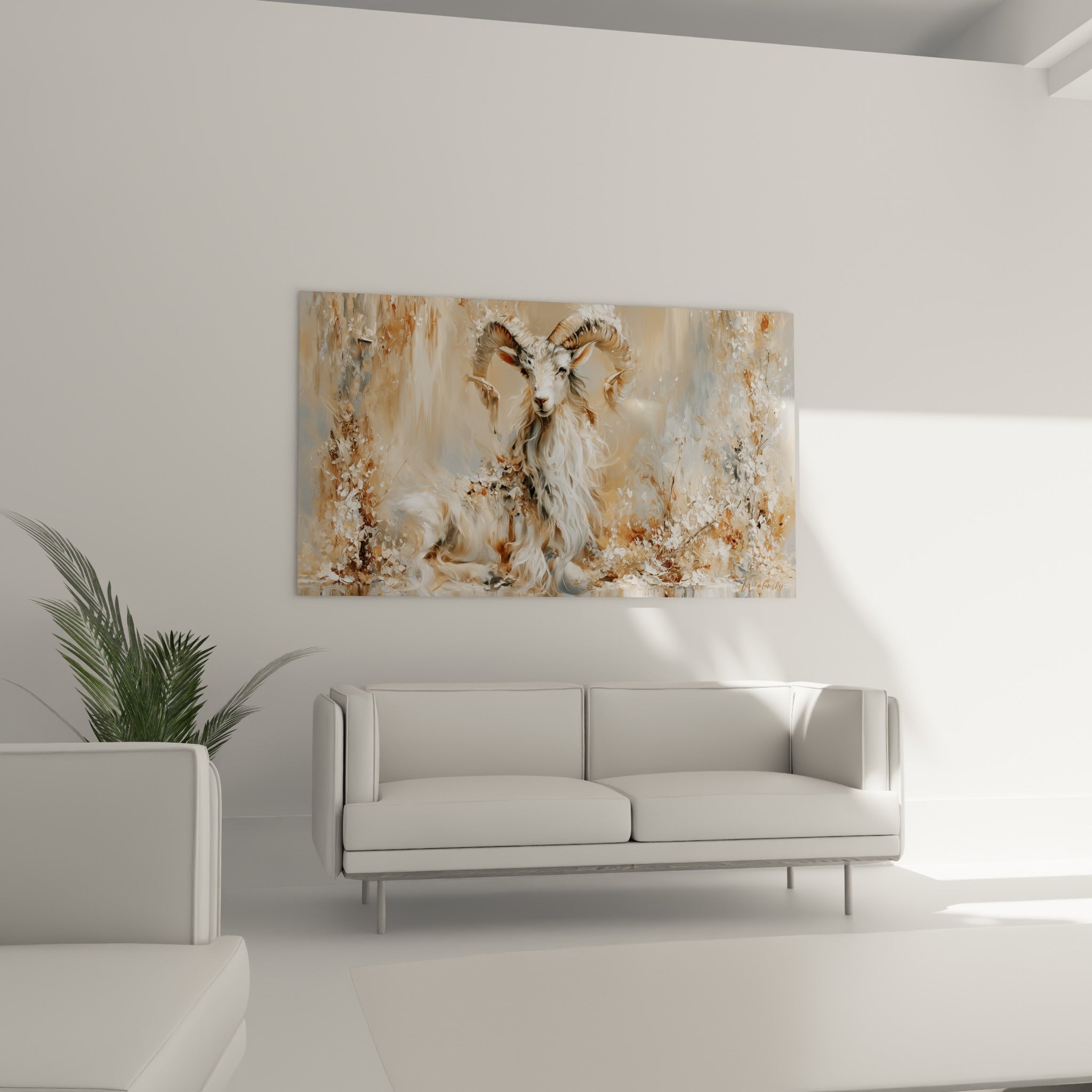 Pelage crème et reflets ocre du Bélier accrochés au-dessus d'un canapé dans un salon lumineux