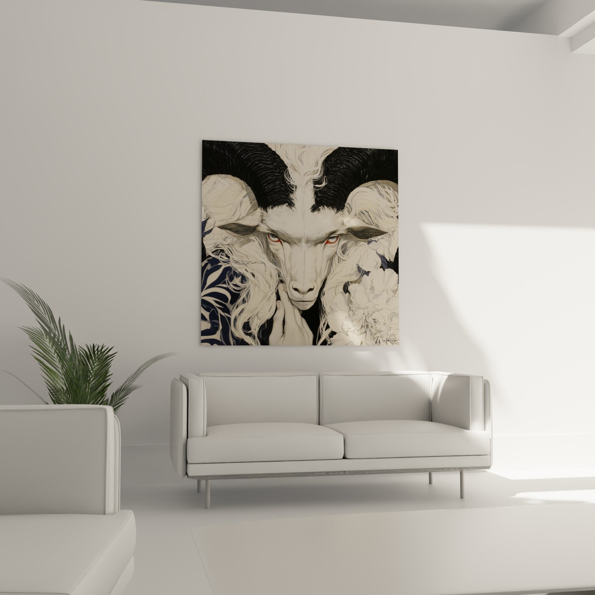 Pivoine blanche et toison ivoire du Bélier accrochées au-dessus d'un canapé dans un salon lumineux.