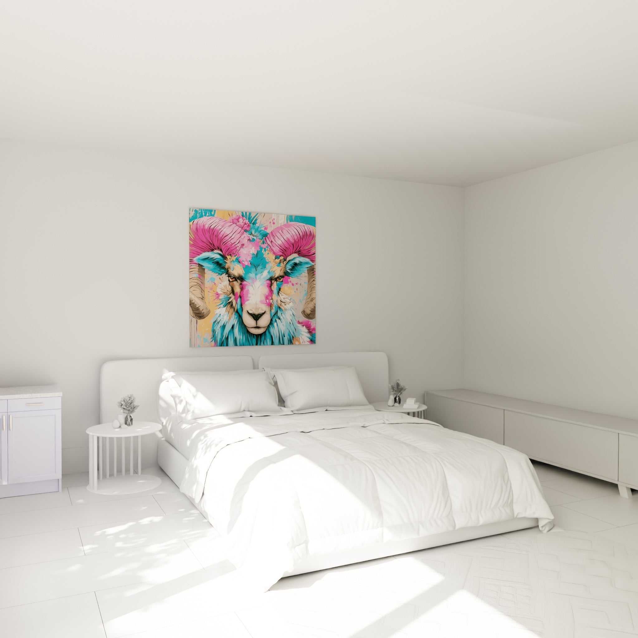 Cornes torsadées roses et museau turquoise de ce Bélier accroché au-dessus d'un lit dans une chambre claire