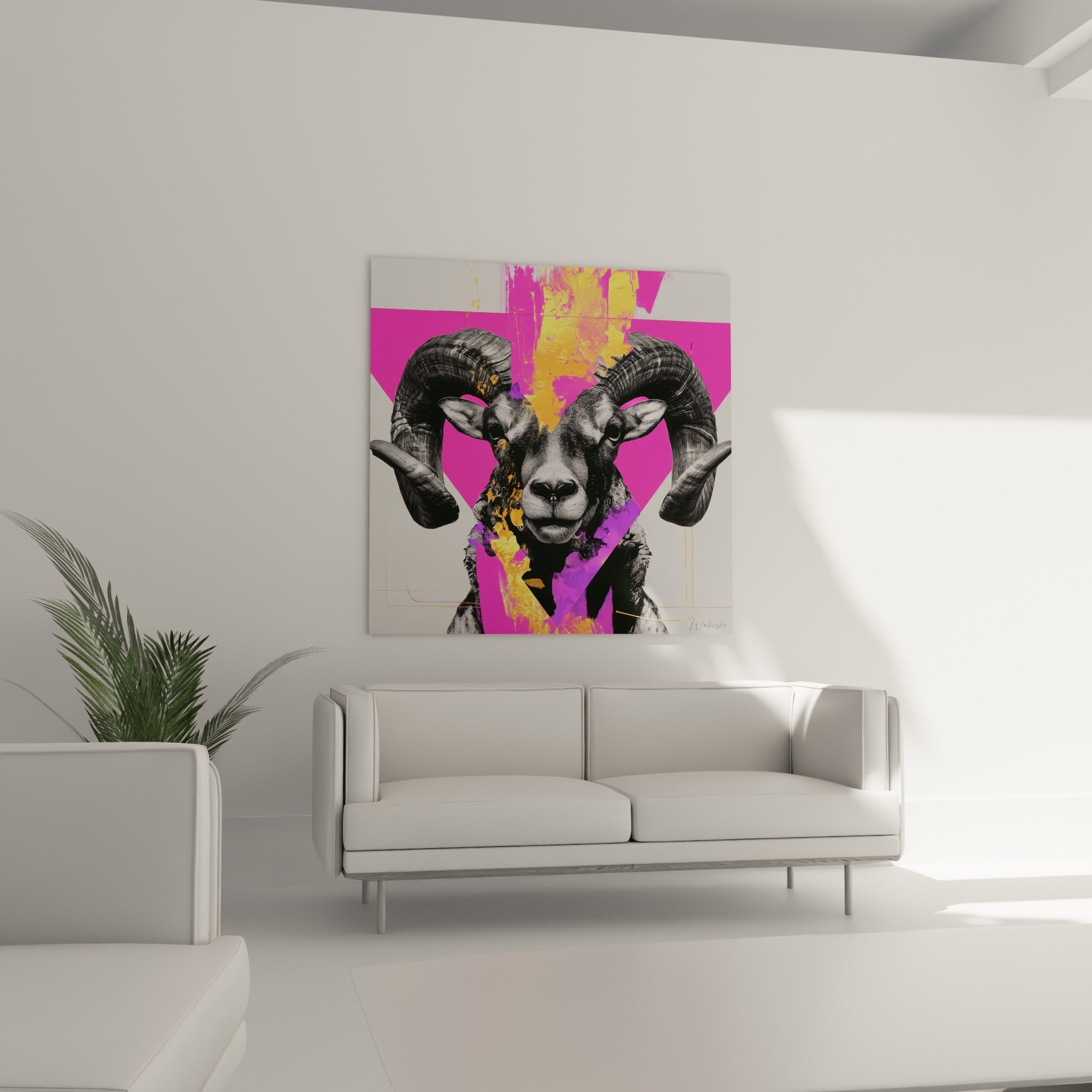 Portrait animalier du Bélier mêlant noir, blanc et touches violettes, au-dessus d'un canapé dans un salon lumineux