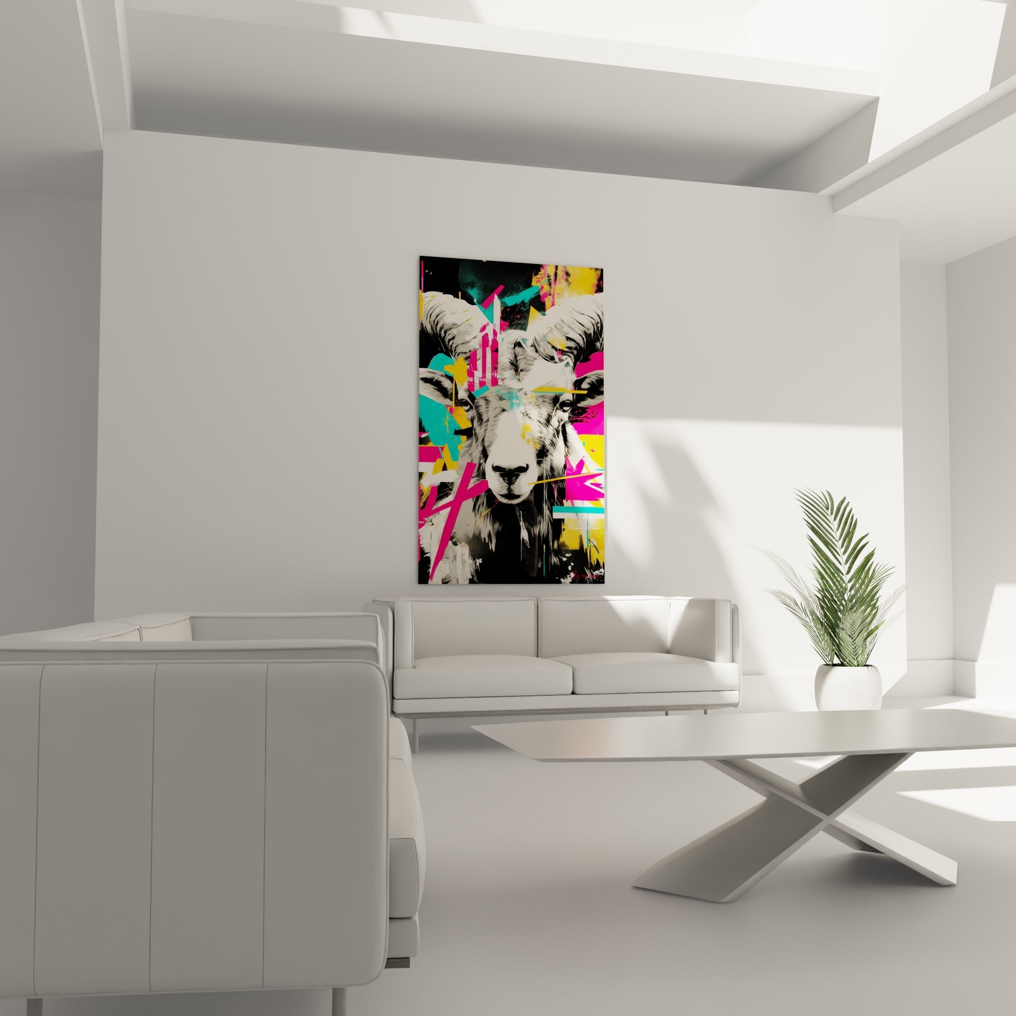 Portrait animalier graphique en fuchsia et jaune moutarde, au-dessus d'un canapé dans un salon lumineux
