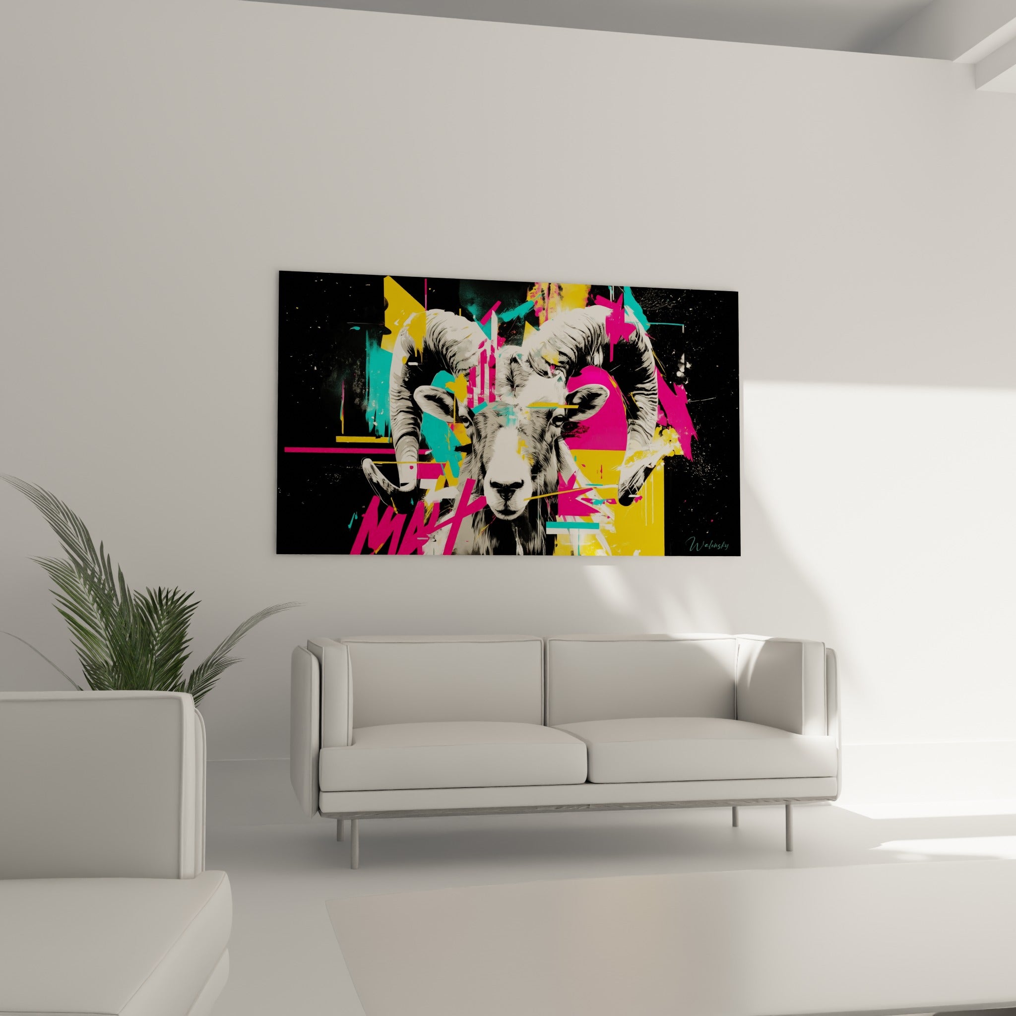Portrait graphique d'un Bélier doré et anthracite disposé au-dessus d'un canapé dans un salon lumineux