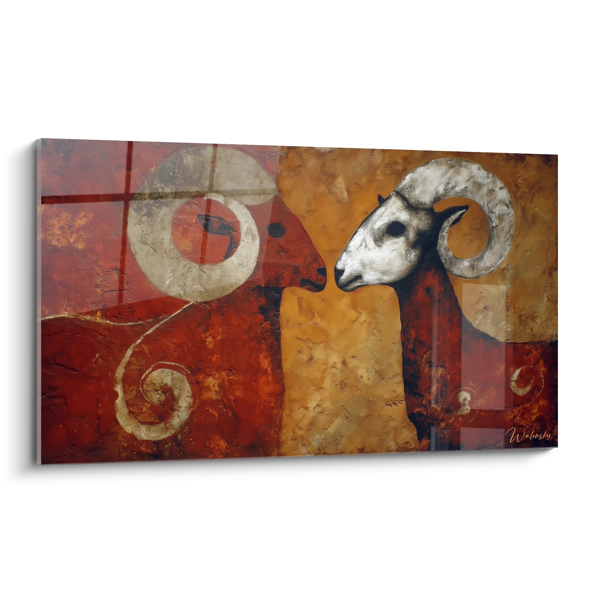 Tableau mural bélier préhistorique aux cornes spiralées style art rupestre tons ocre rouge