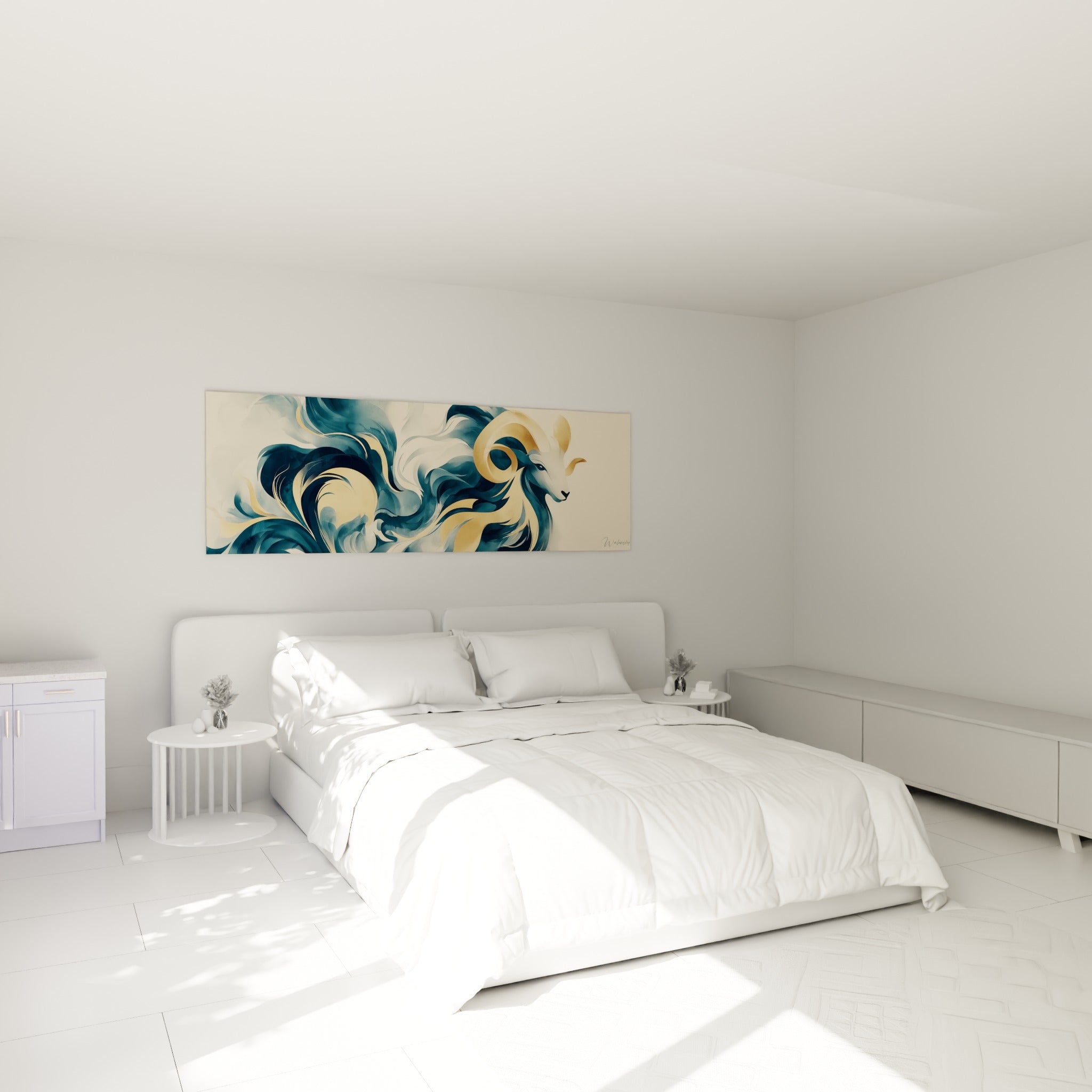 Cornes dorées et tourbillons anthracite du Bélier accrochés au-dessus d'un lit dans une chambre claire