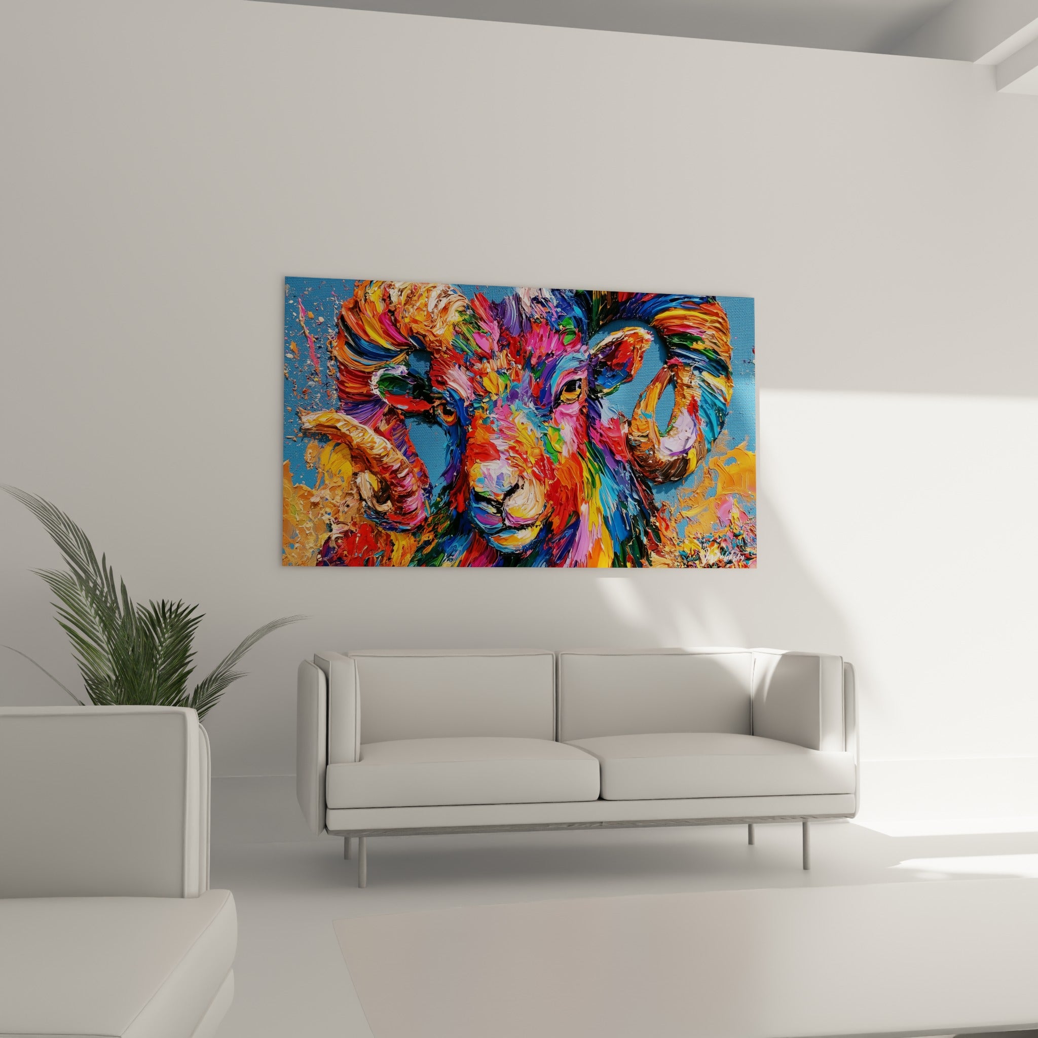 Regard ambré intense et matière texturée de ce Bélier coloré, au-dessus d'un canapé dans un salon lumineux