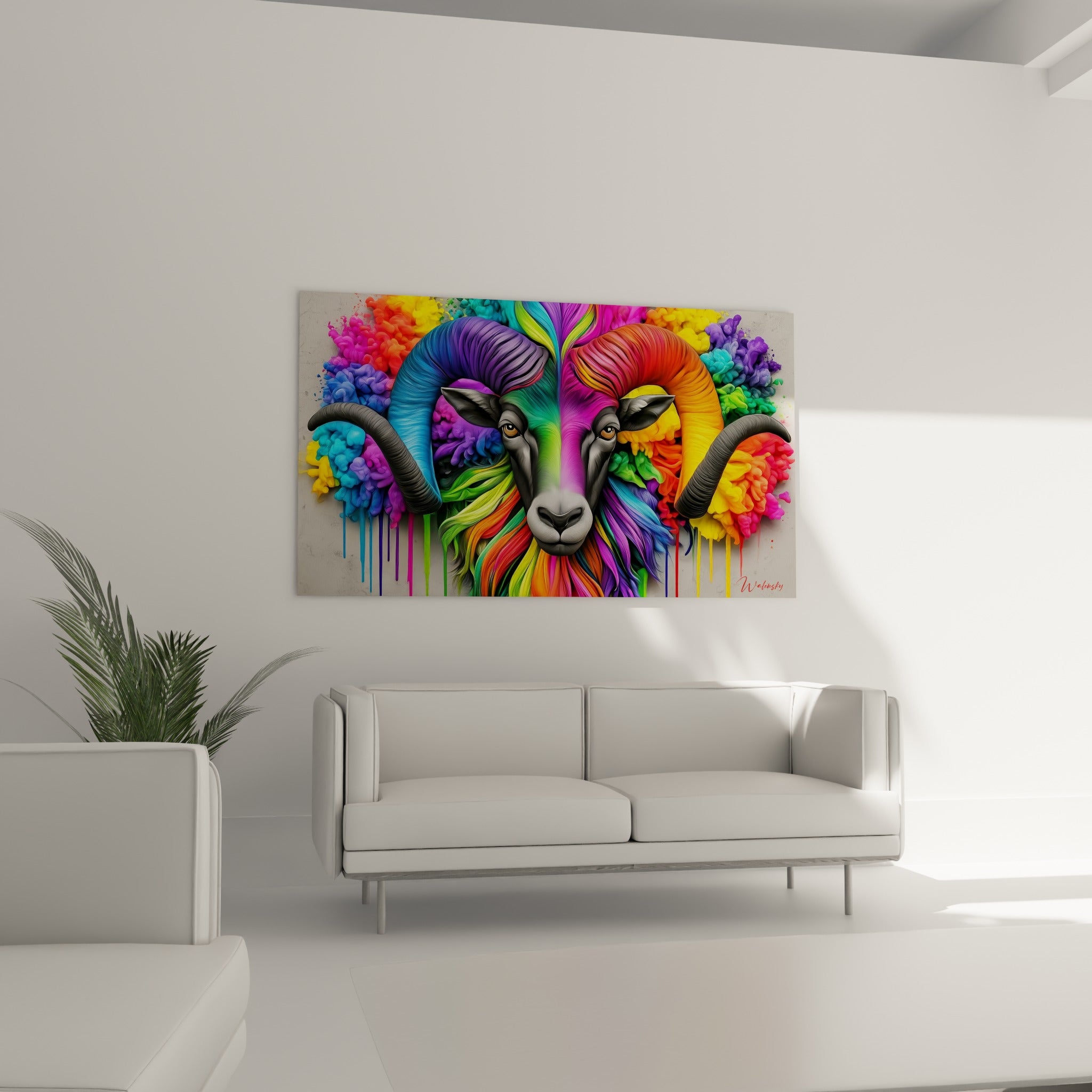 Regard ambré du Bélier entouré de fumée violette et jaune, au-dessus d'un canapé dans un salon lumineux