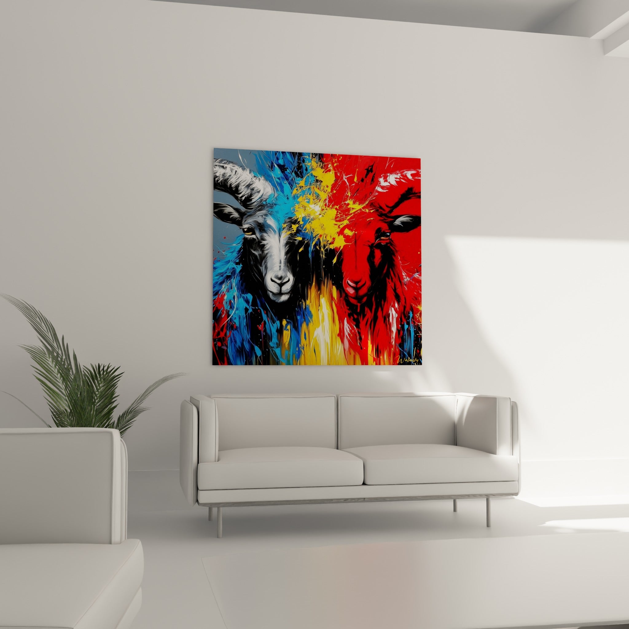 Bélier au regard ambré, fourrure noire striée de bleu et de rouge, au-dessus d'un canapé dans un salon lumineux