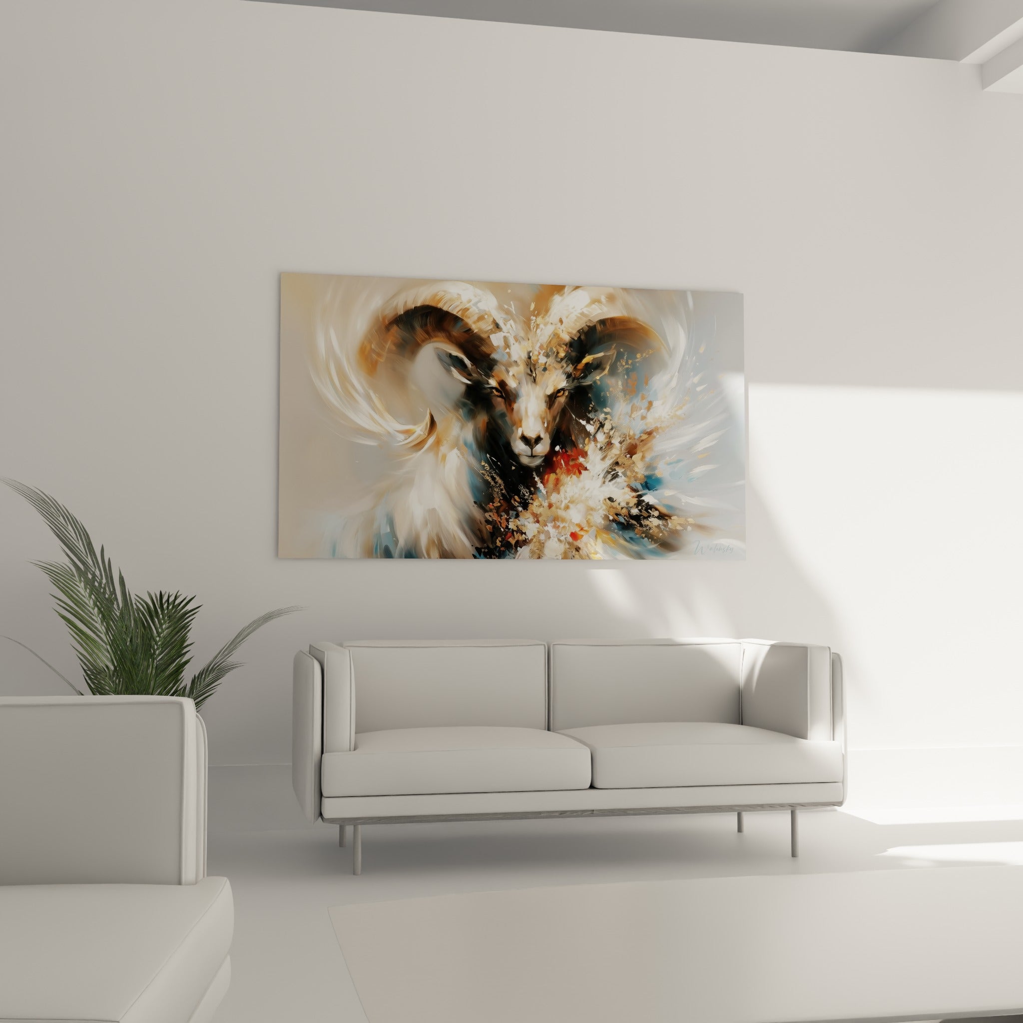 Regard ambré intense du bélier entouré d'éclats dorés et anthracite, au-dessus d'un canapé dans un salon lumineux