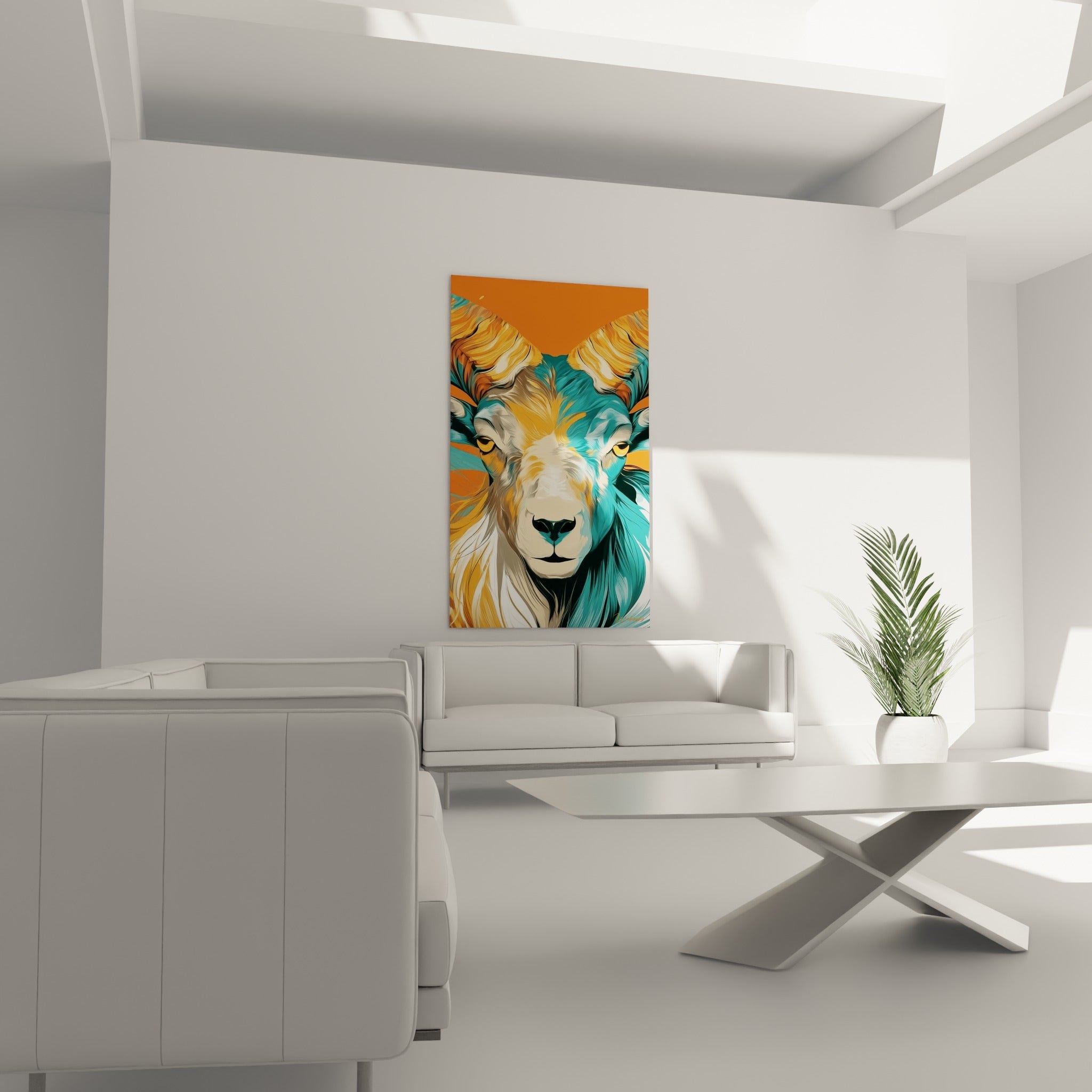 Museau blanc crème et regard ambré du bélier peint, au-dessus d'un canapé dans un salon lumineux