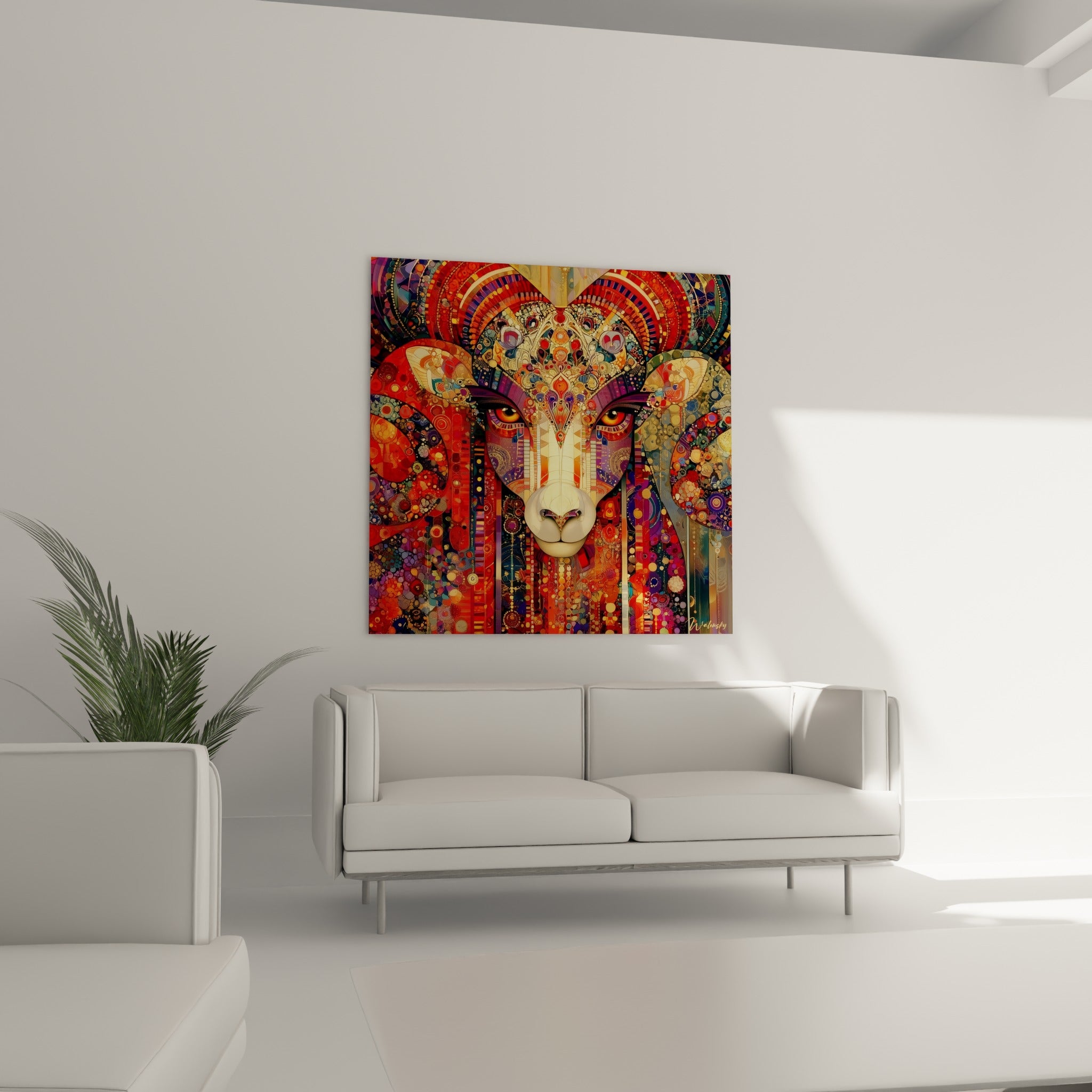 Regard ambré du Bélier entouré de mosaïques rouge et violette, au-dessus d'un canapé dans un salon lumineux