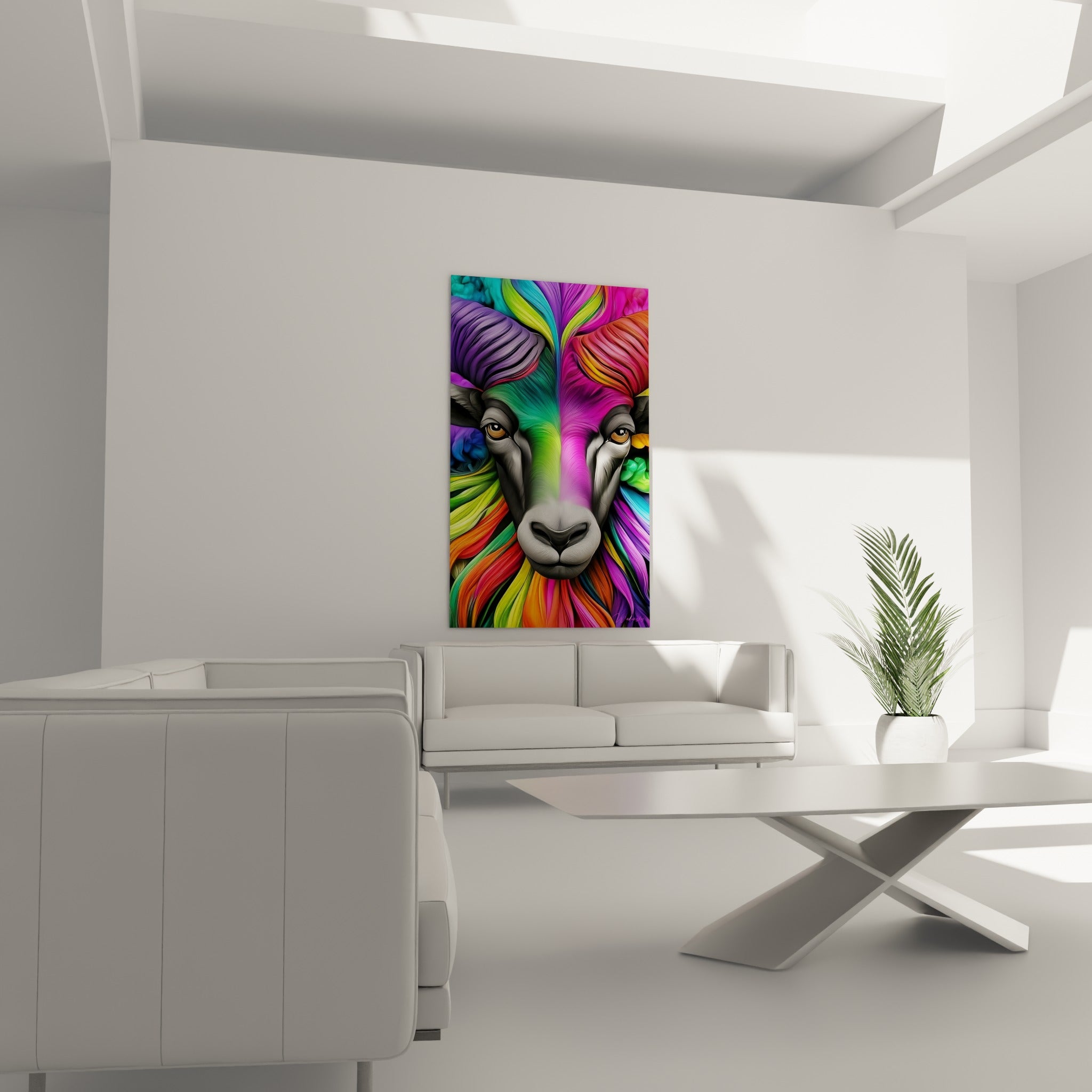 Yeux perçants du Bélier entouré de mèches fuchsia et vertes au-dessus d'un canapé dans un salon lumineux