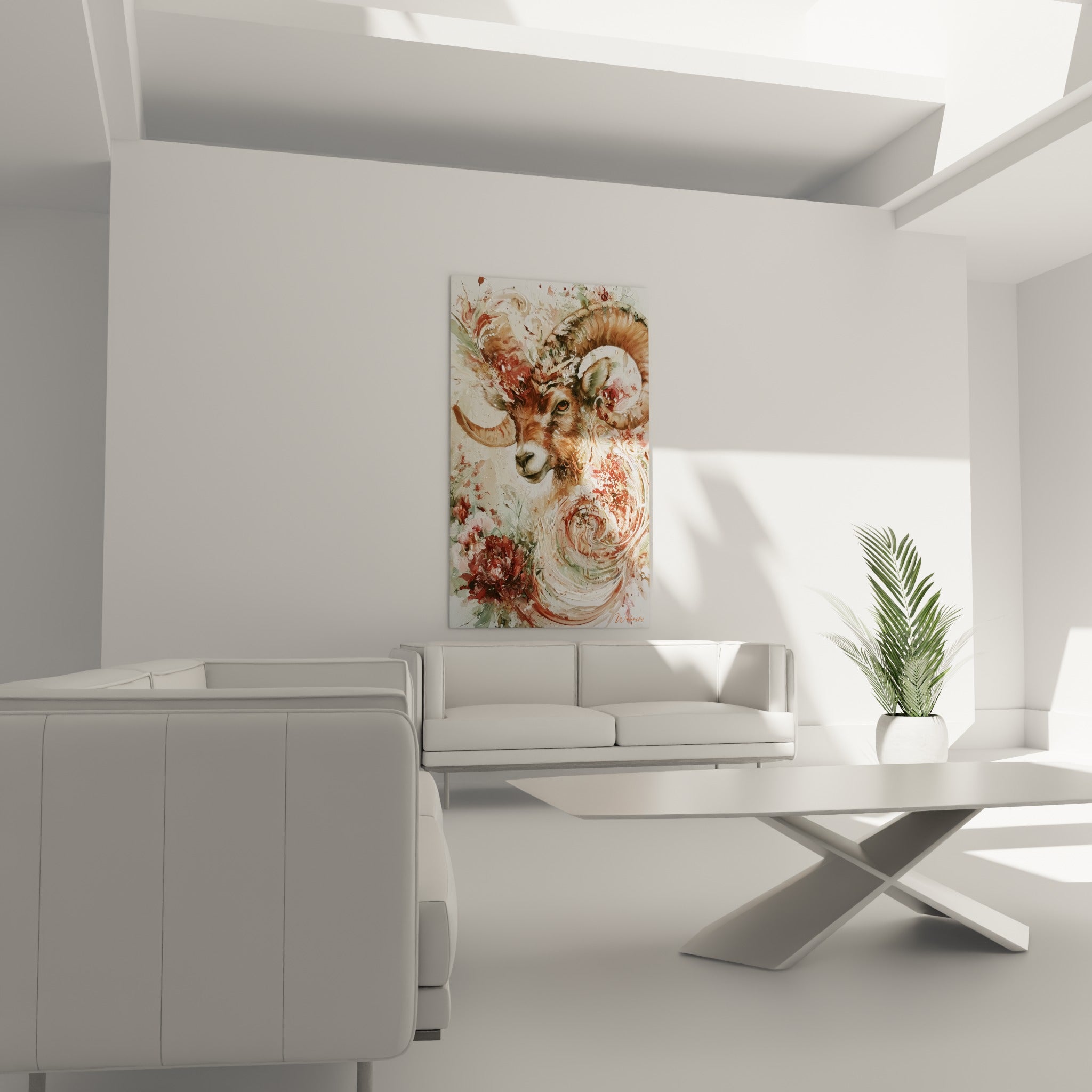 Regard ambré du Bélier entouré de coulures vert sauge, œuvre suspendue au-dessus d'un canapé dans un salon lumineux
