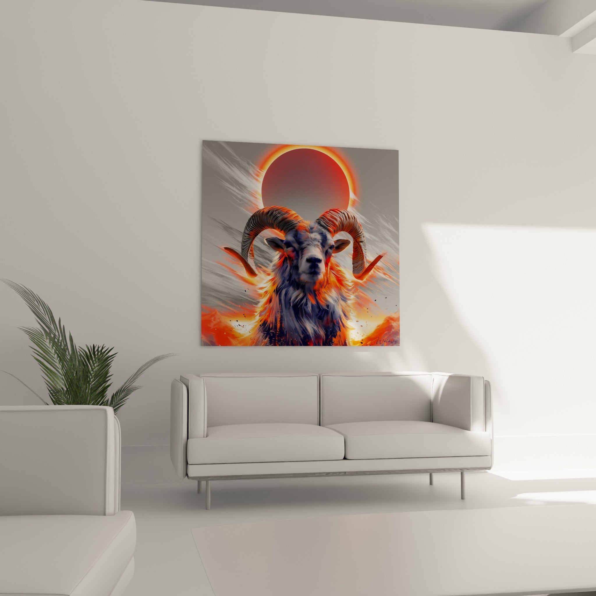 Regard intense du Bélier anthracite cerné de rouge, au-dessus d'un canapé dans un salon lumineux