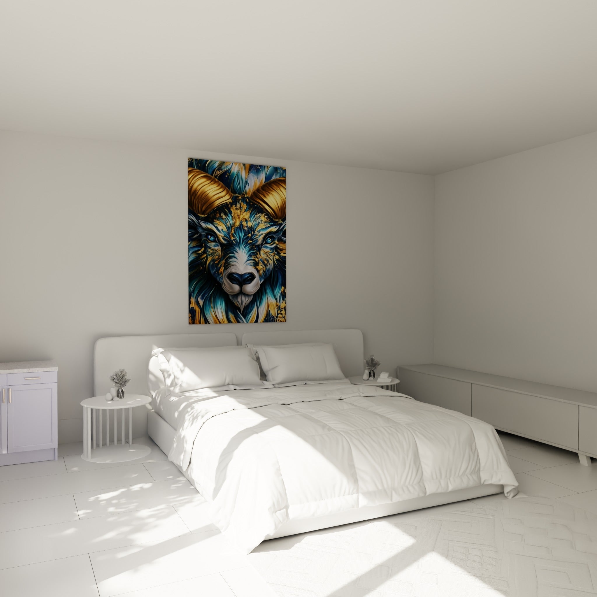 Cornes dorées torsadées et pelage bleu marine du Bélier, accroché au-dessus d'un lit dans une chambre claire