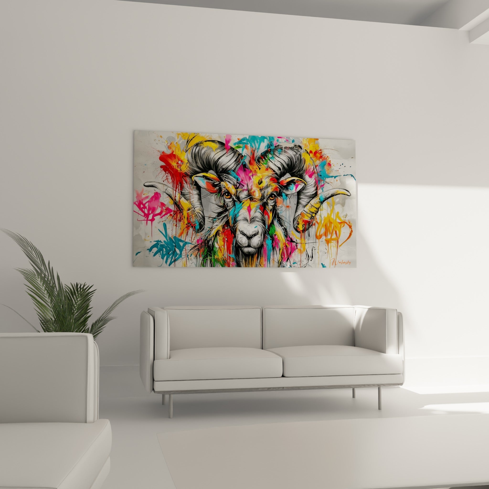 Regard fixe du Bélier zébré de bleu turquoise et orange, disposé au-dessus d'un canapé dans un salon lumineux