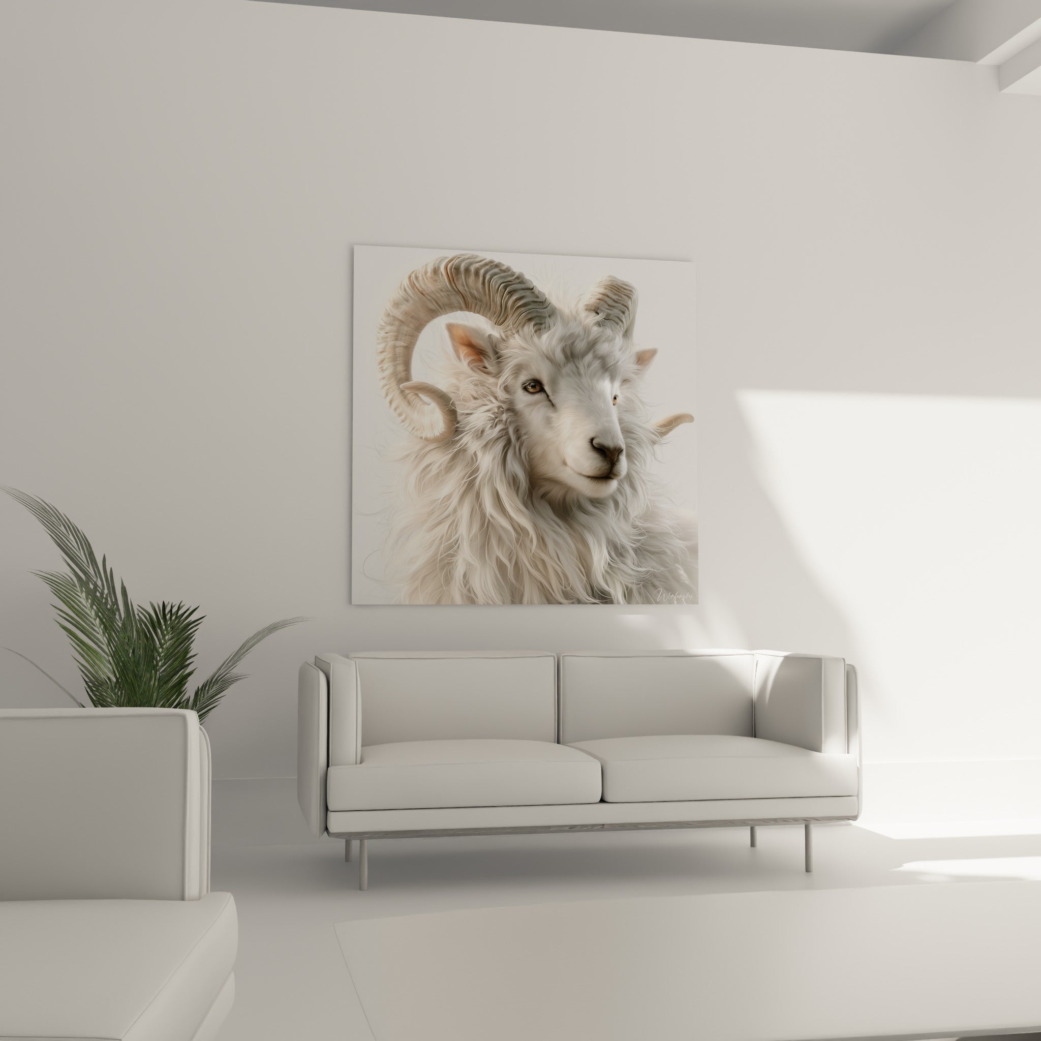 Toison ivoire et regard brun du Bélier affichés au-dessus d'un canapé dans un salon lumineux