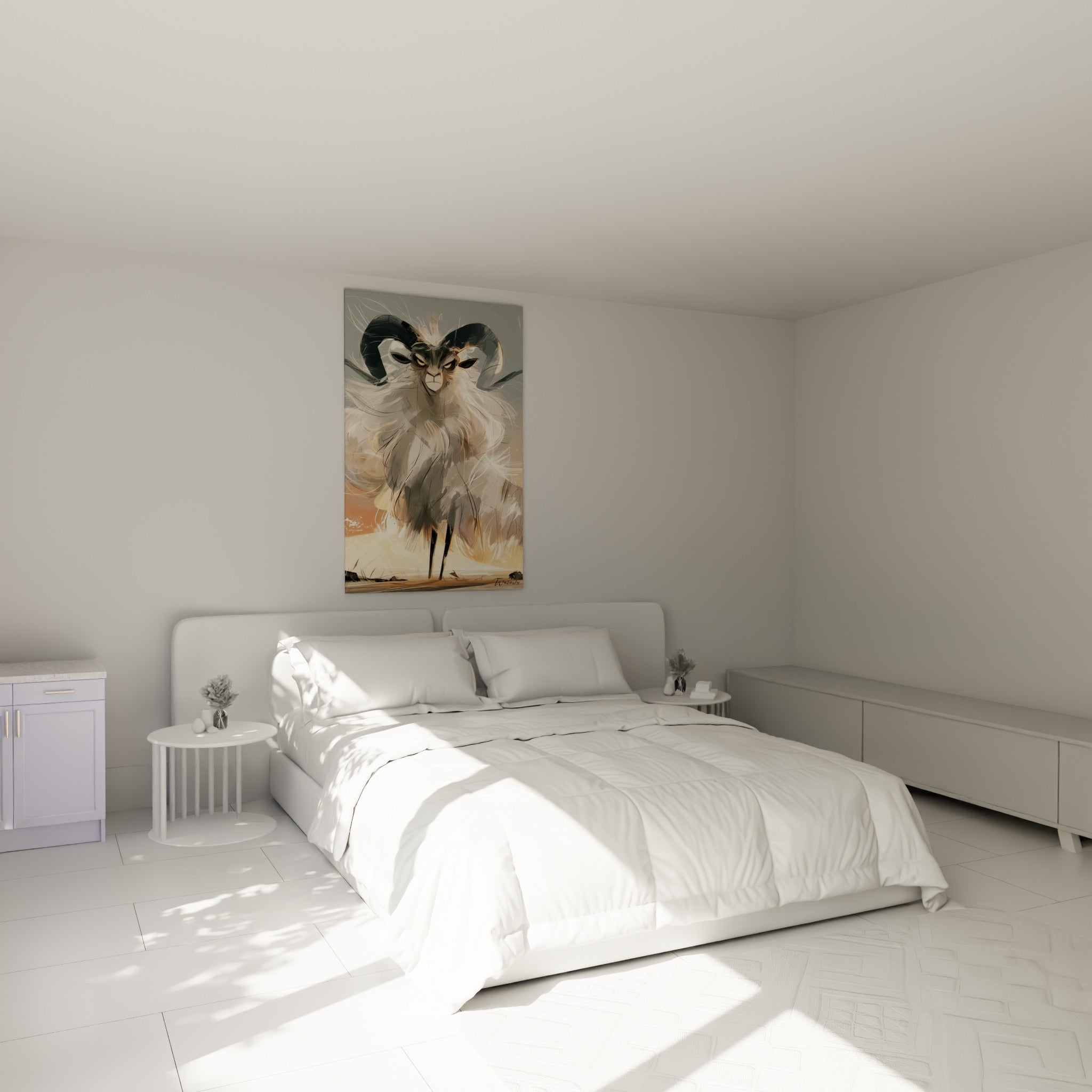 Cornes anthracite du Bélier et fourrure blanche accrochées au-dessus d'un lit dans une chambre claire