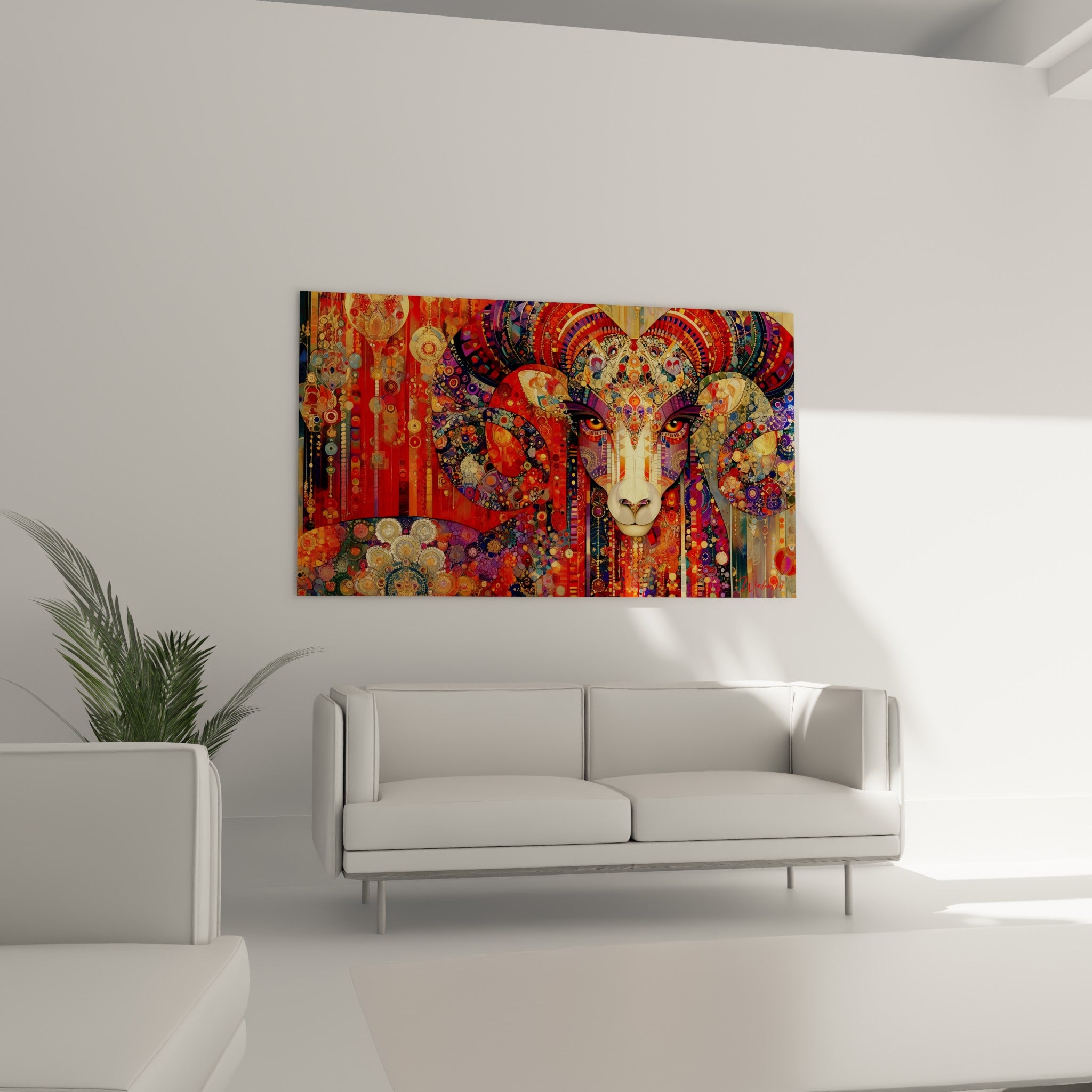 Regard doré perçant du Bélier entouré de motifs turquoise et pourpre au-dessus d'un canapé dans un salon lumineux