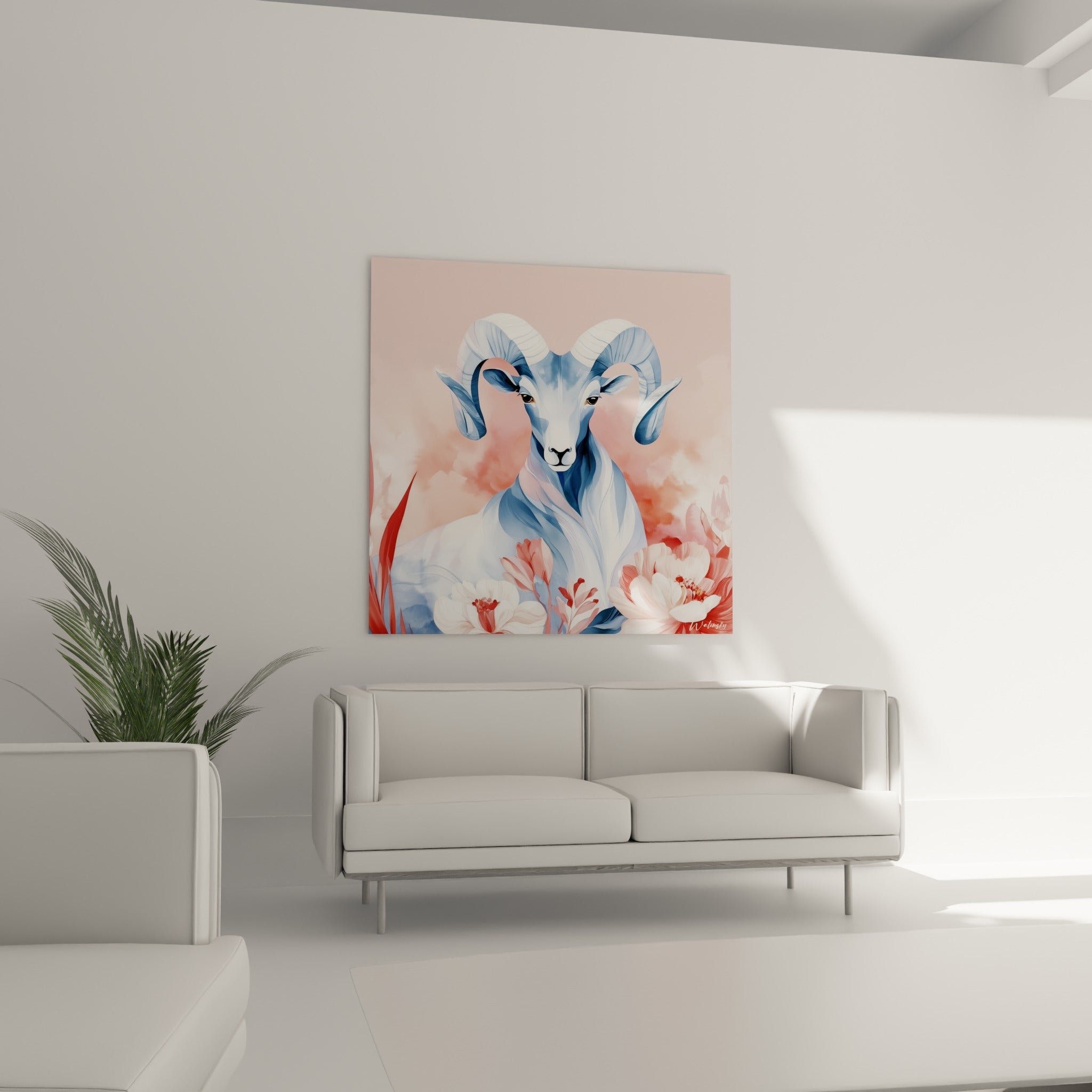 Regard doux du Bélier bleu et blanc parmi les pétales roses, au-dessus d'un canapé dans un salon lumineux