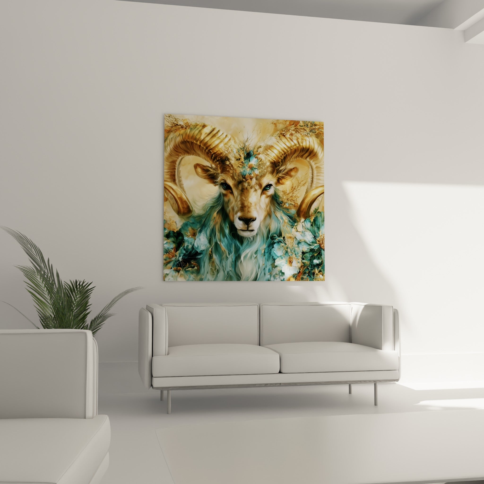 Regard perçant du Bélier entouré de fleurs blanches et turquoise, au-dessus d'un canapé dans un salon lumineux
