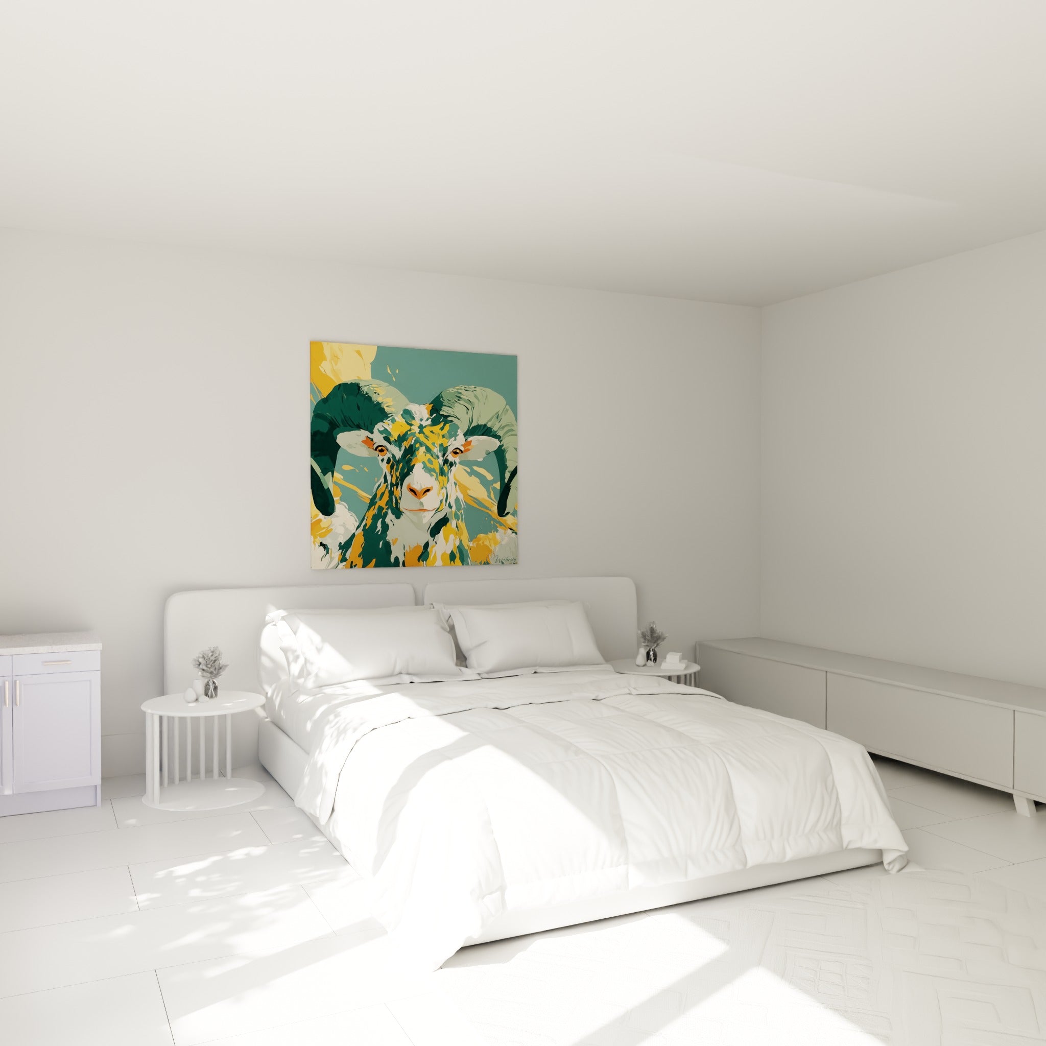 Cornes vert sarcelle et taches jaune moutarde du Bélier accrochées au-dessus d'un lit dans une chambre claire