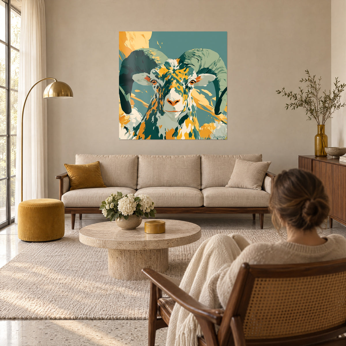 Tableau bélier aux cornes enroulées vert sauge, taches jaune moutarde, fond sarcelle, au-dessus d'un canapé dans un salon lumineux