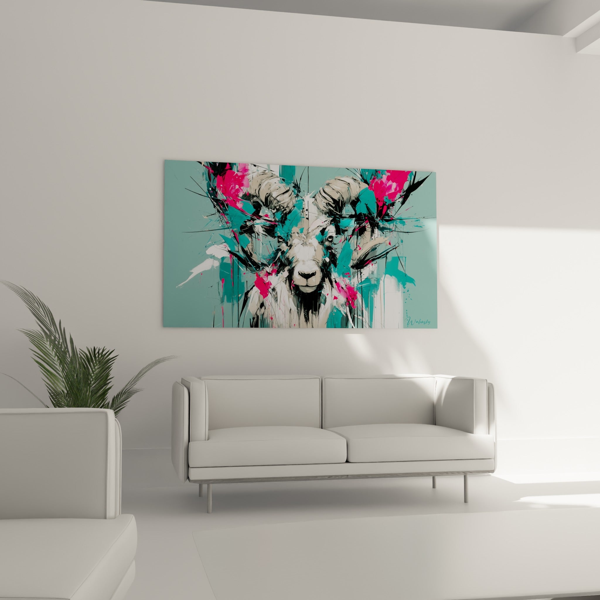Regard intense du Bélier entouré d'éclats roses et noirs, au-dessus d'un canapé dans un salon lumineux