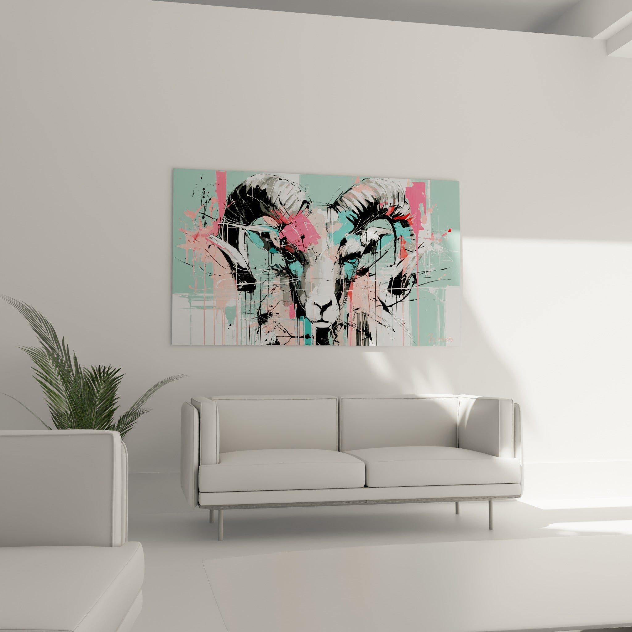 Regard intense d'un bélier aux tons corail et vert menthe placé au-dessus d'un canapé dans un salon lumineux