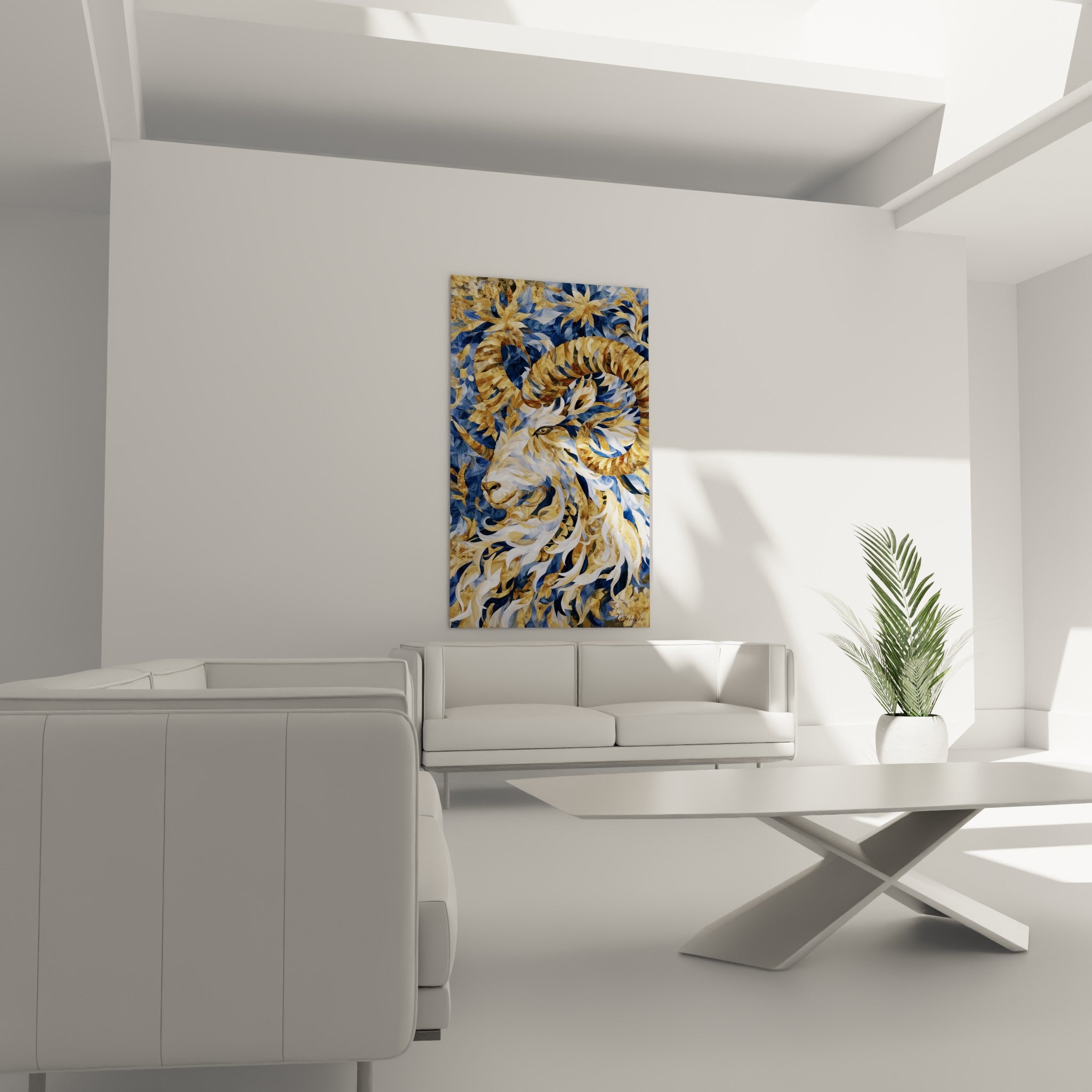 Regard perçant du Bélier entouré d'ocre et de blanc immaculé au-dessus d'un canapé dans un salon lumineux