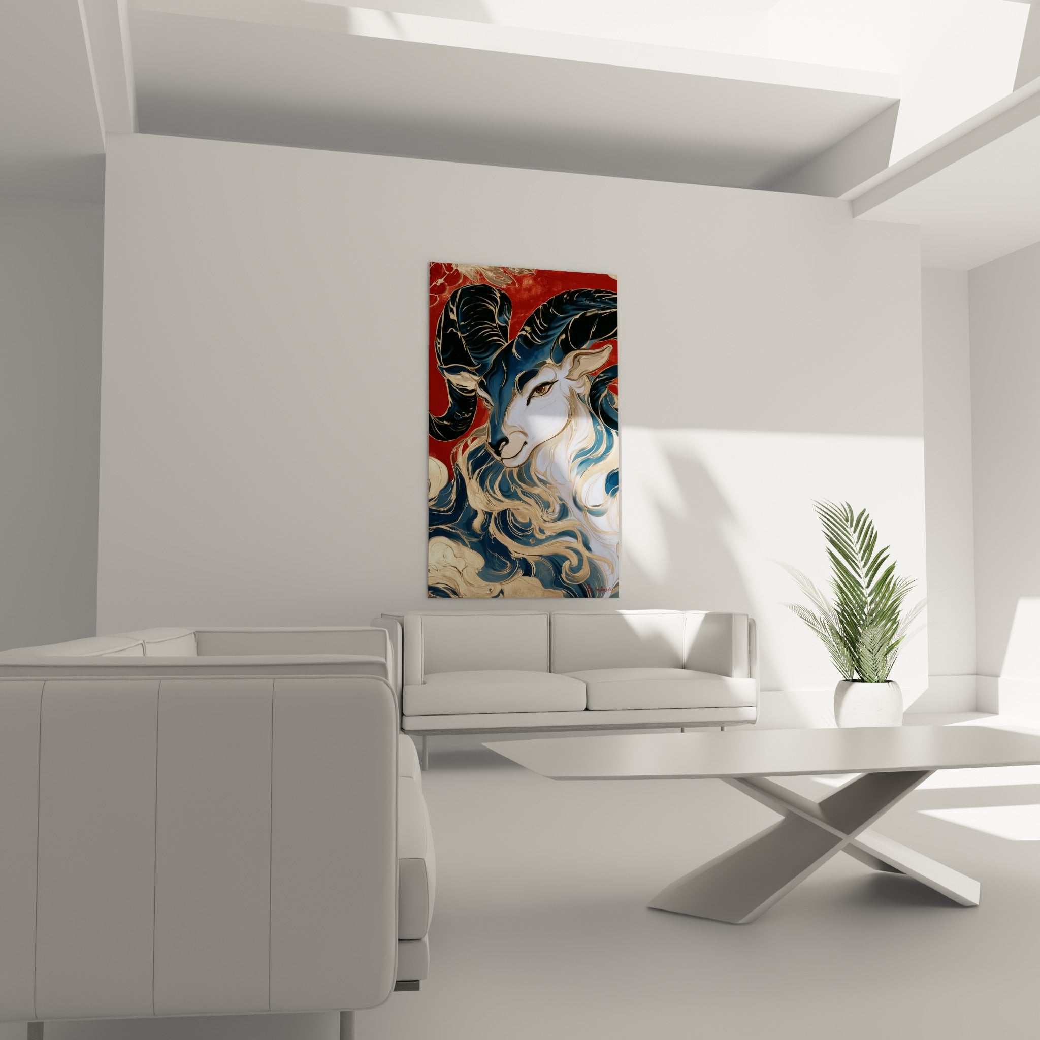 Regard doux du Bélier entouré de volutes bleu marine et ocre au-dessus d'un canapé dans un salon lumineux.