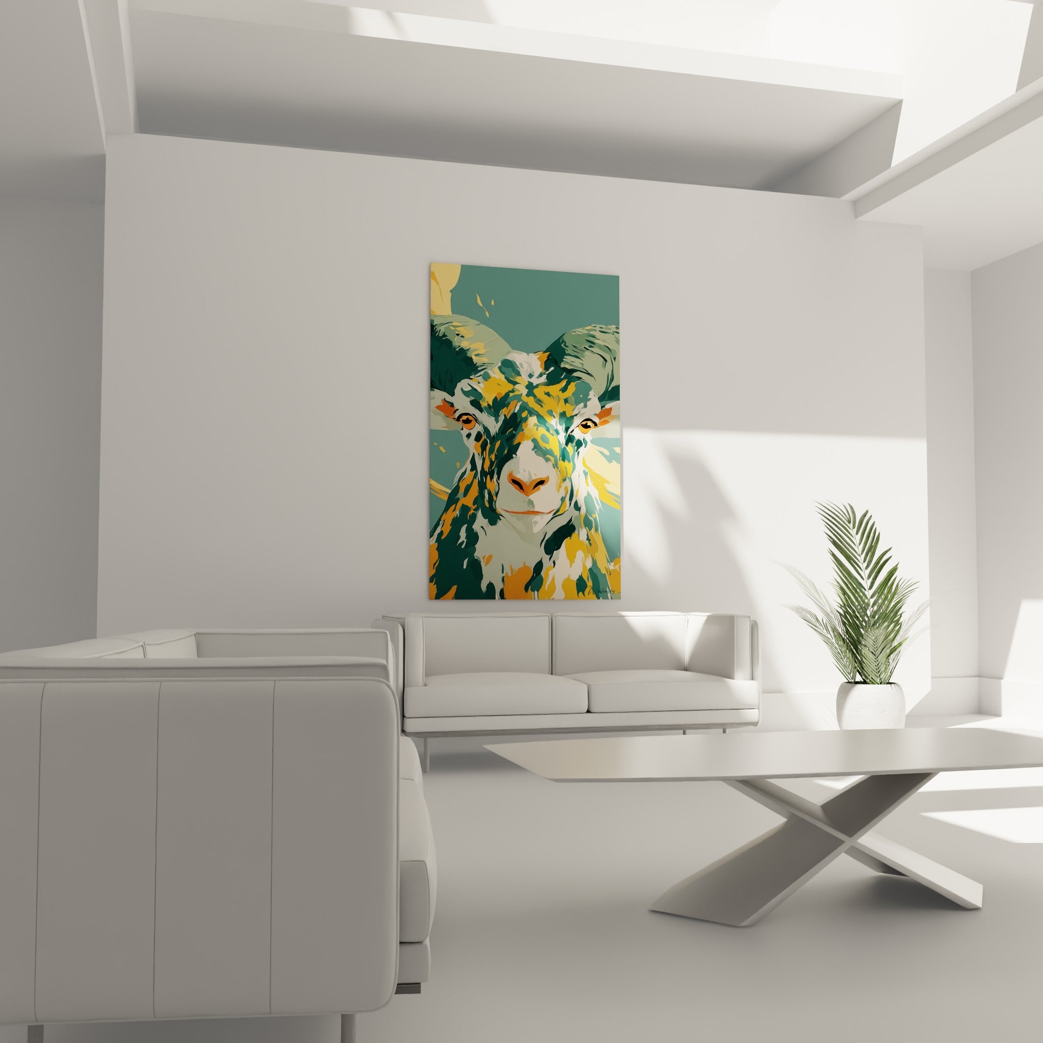 Museau crème et yeux orangés du bélier se détachant en vert canard, au-dessus d'un canapé dans un salon lumineux