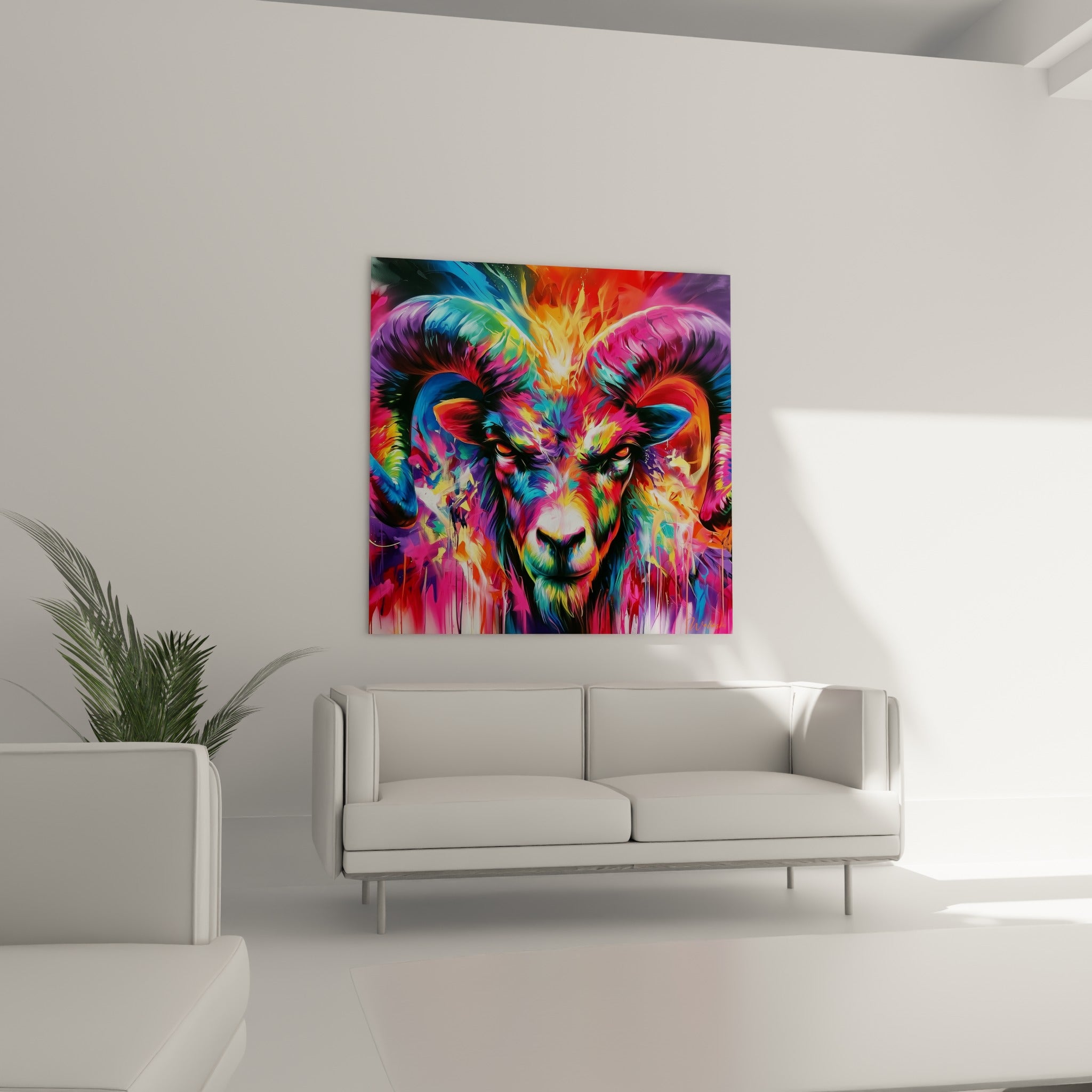 Regard perçant orange et pelage multicolore de ce Bélier accroché au-dessus d'un canapé dans un salon lumineux