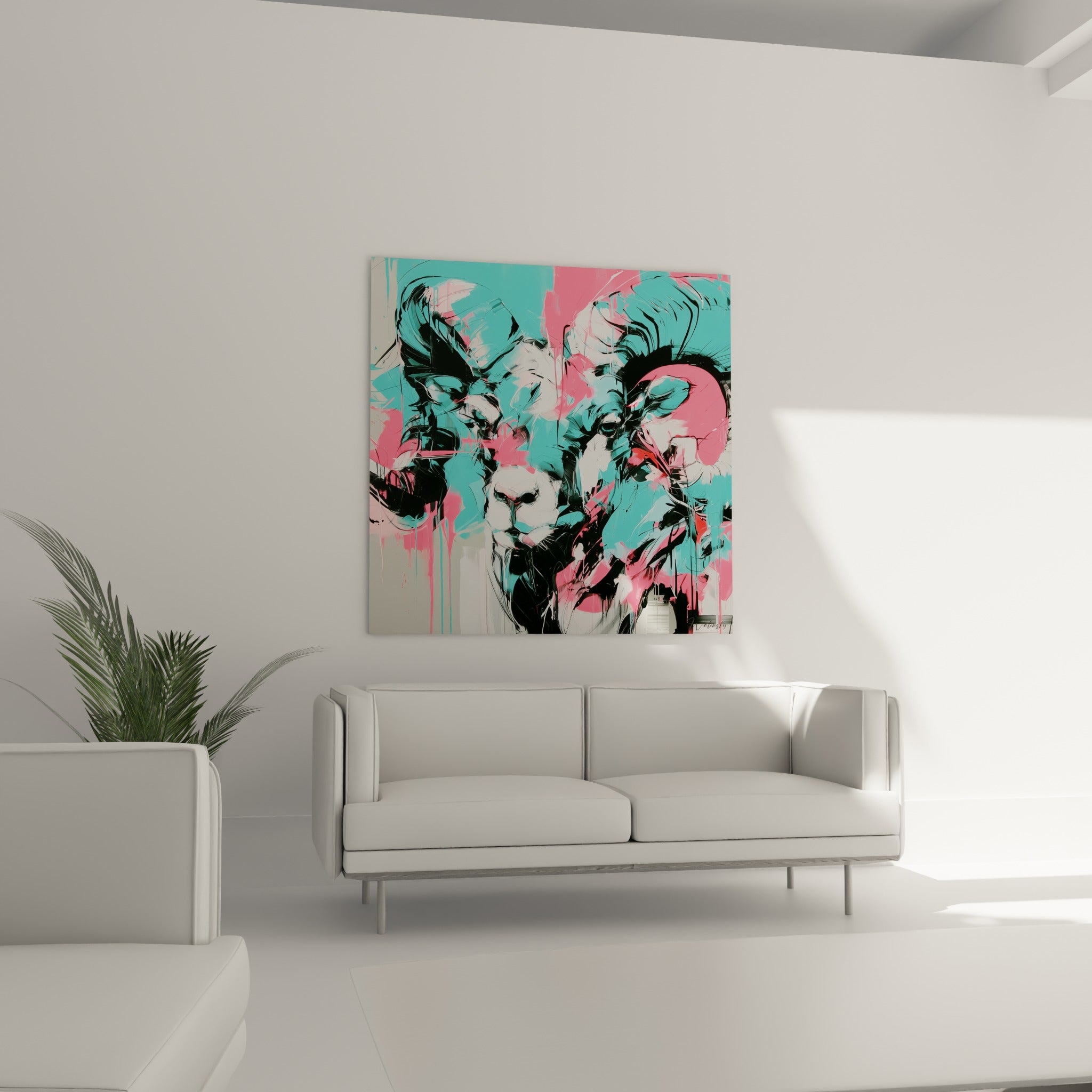 Regard perçant du bélier noir et blanc, teintes turquoise vives, au-dessus d'un canapé dans un salon lumineux.
