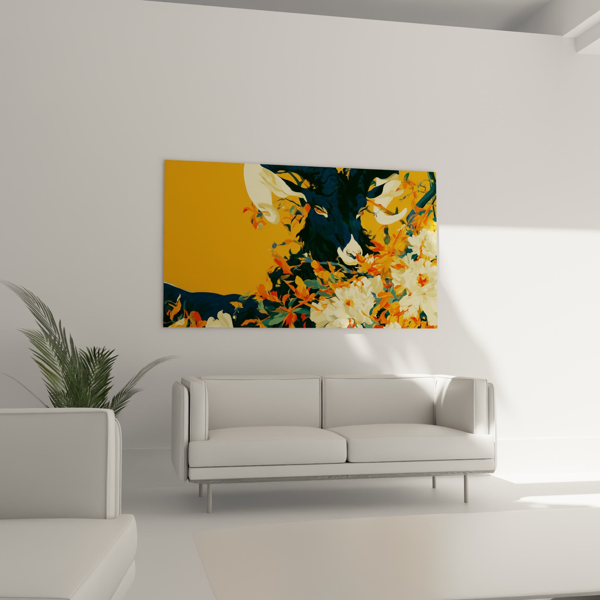 Silhouette animale bleu marine cernée de pétales blancs et feuillages orange, au-dessus d'un canapé dans un salon lumineux