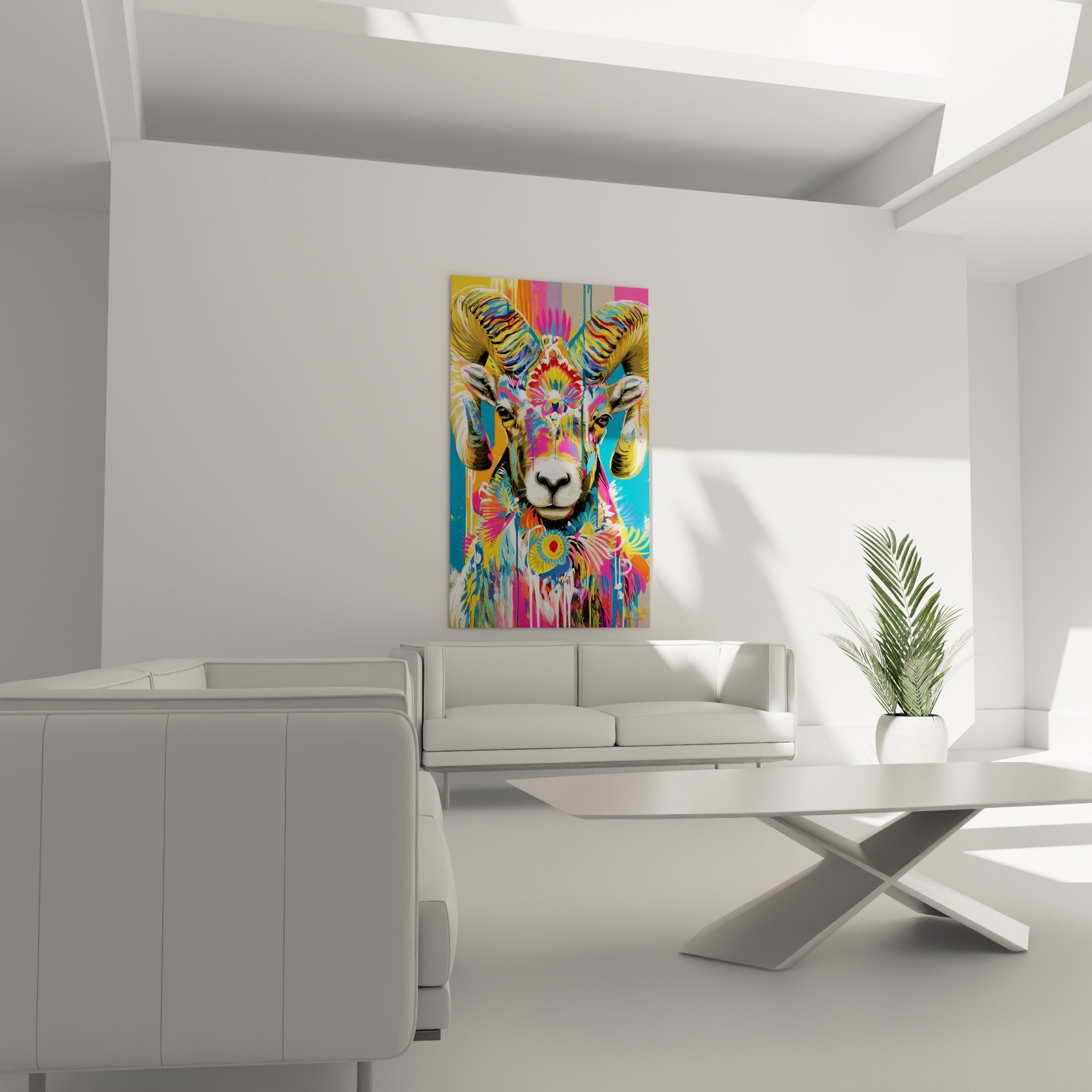 Regard frontal du Bélier orné de turquoise et de rouge vif, accroché au-dessus d'un canapé dans un salon lumineux