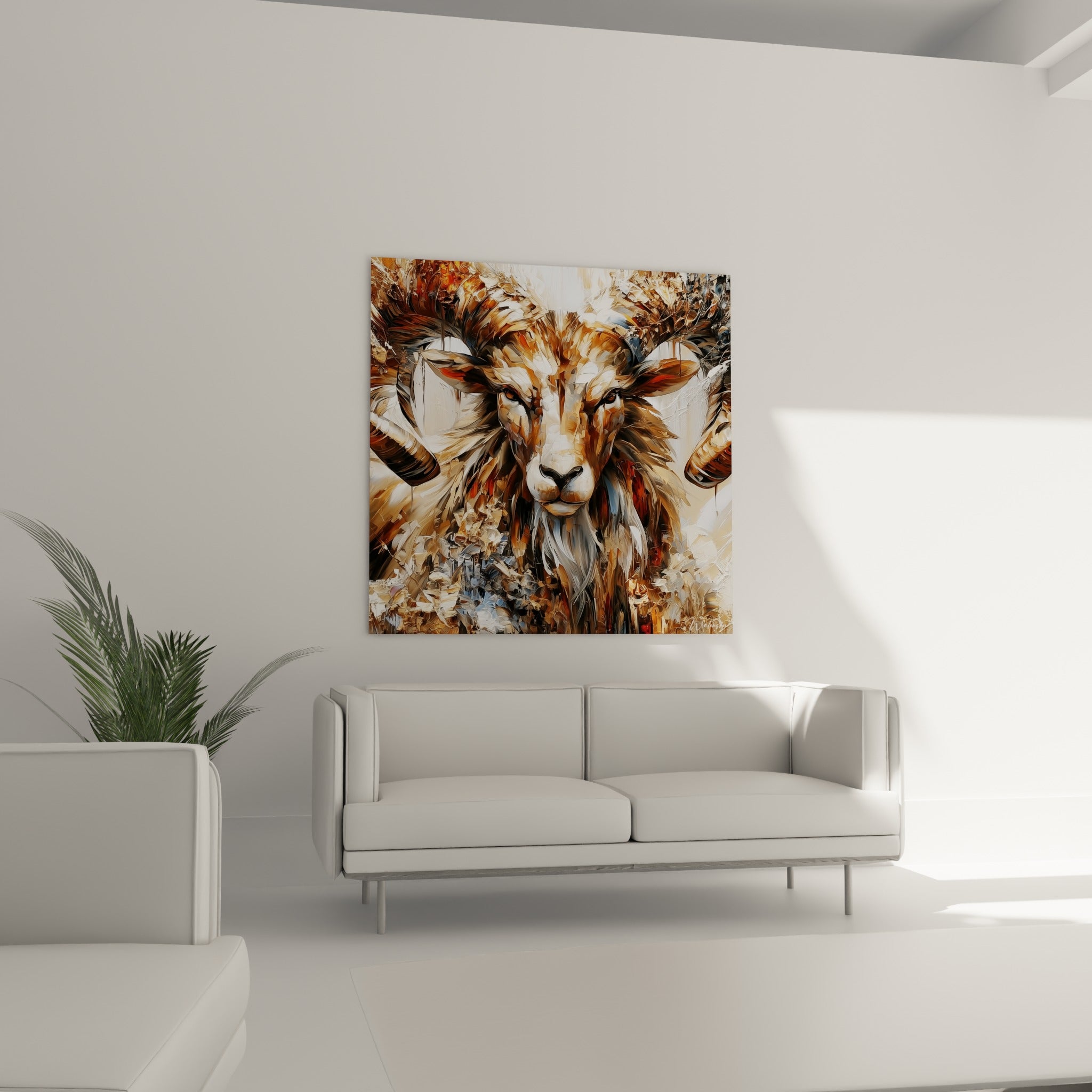 Regard du Bélier terracotta et gris accroché au-dessus d'un canapé dans un salon lumineux
