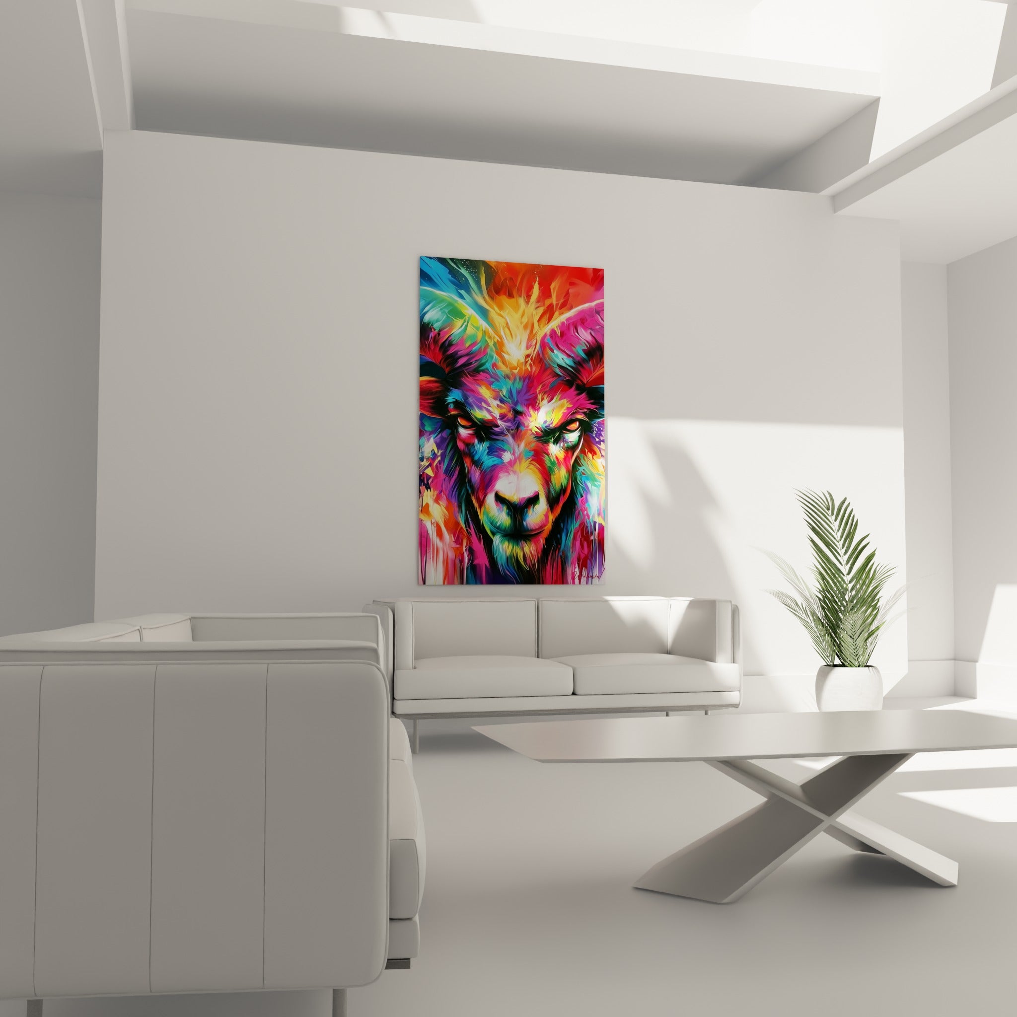 Regard intense du Bélier turquoise et rose, coulures visibles, au-dessus d'un canapé dans un salon lumineux