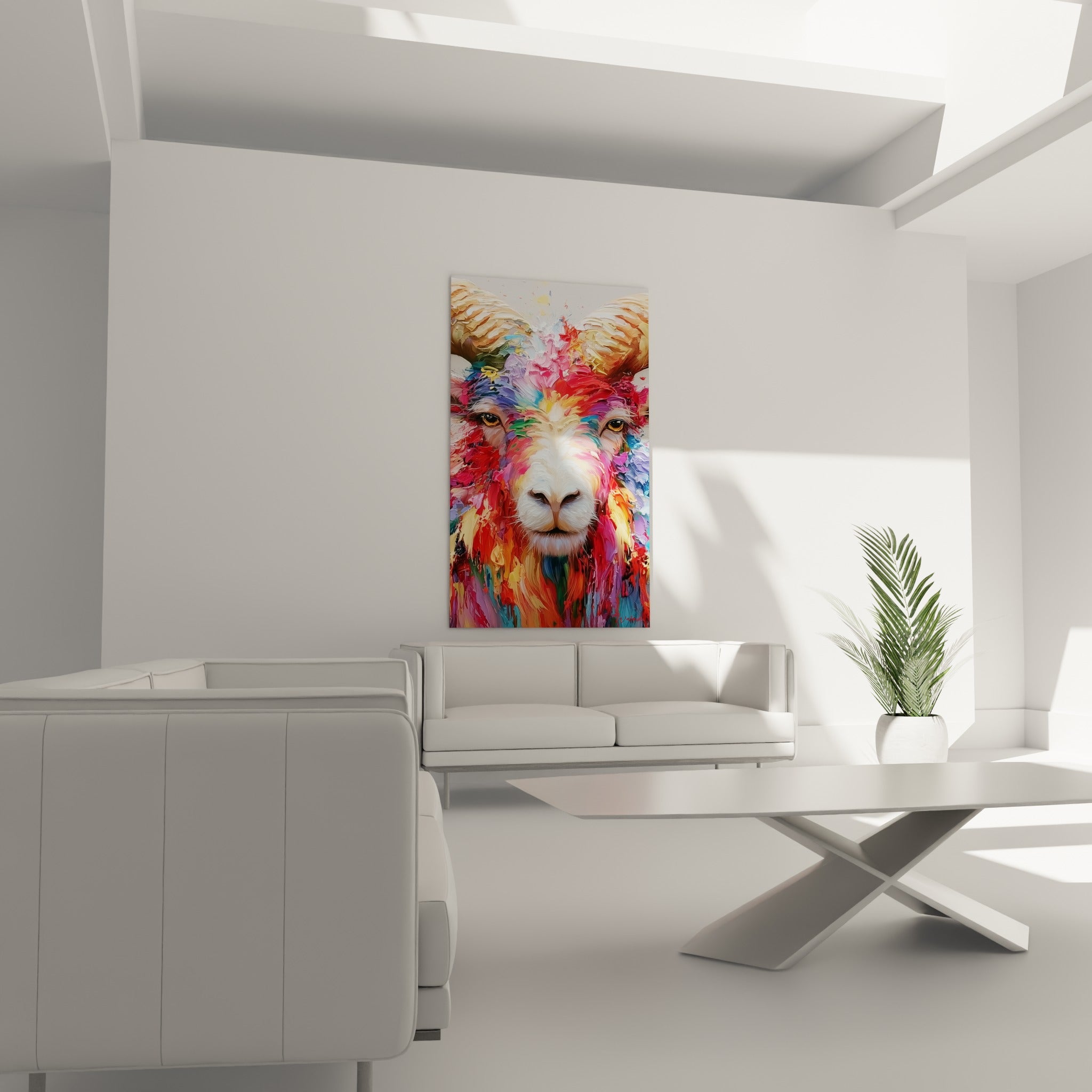 Regard ambré du Bélier entouré de touches turquoise et fauve au-dessus d'un canapé dans un salon lumineux