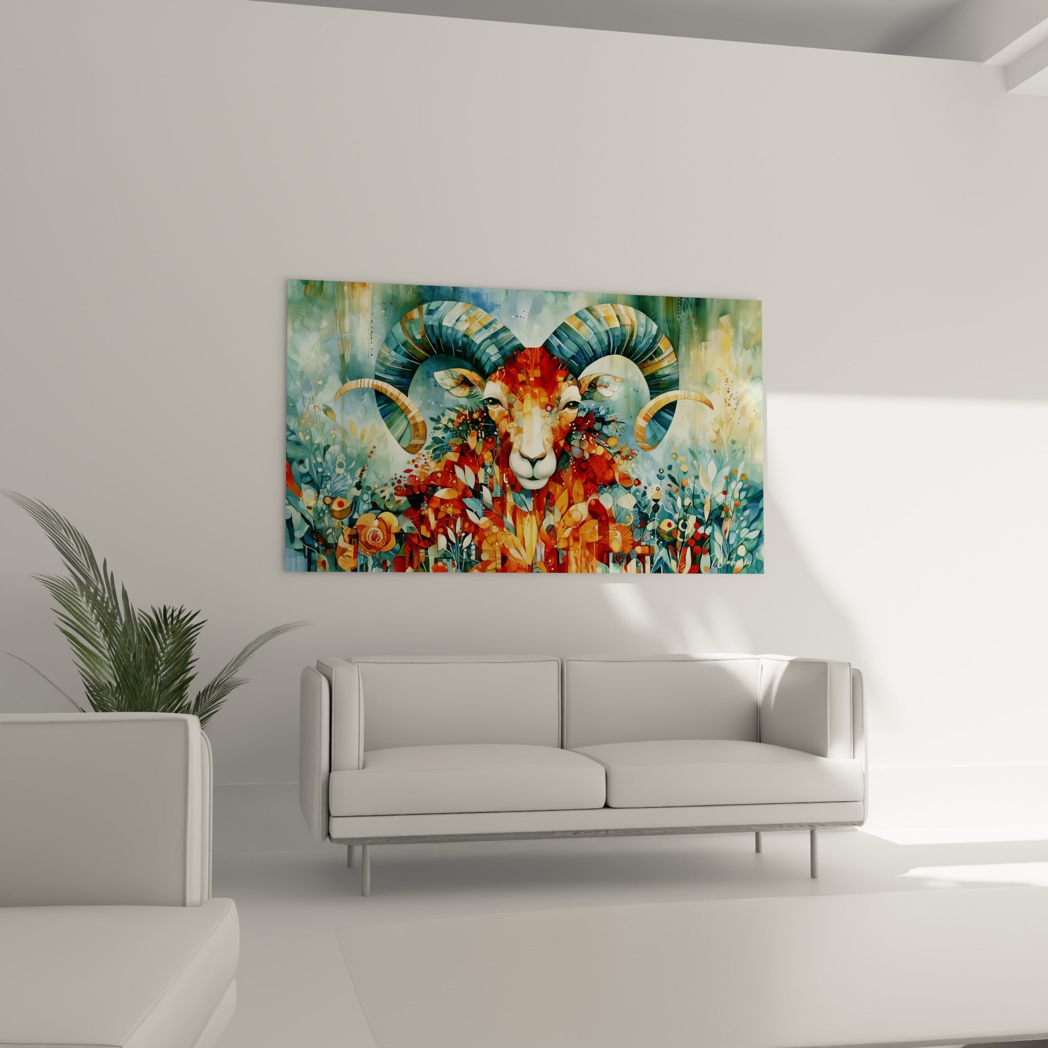 Regard vert intense d'un Bélier orange et bleu sarcelle au-dessus d'un canapé dans un salon lumineux