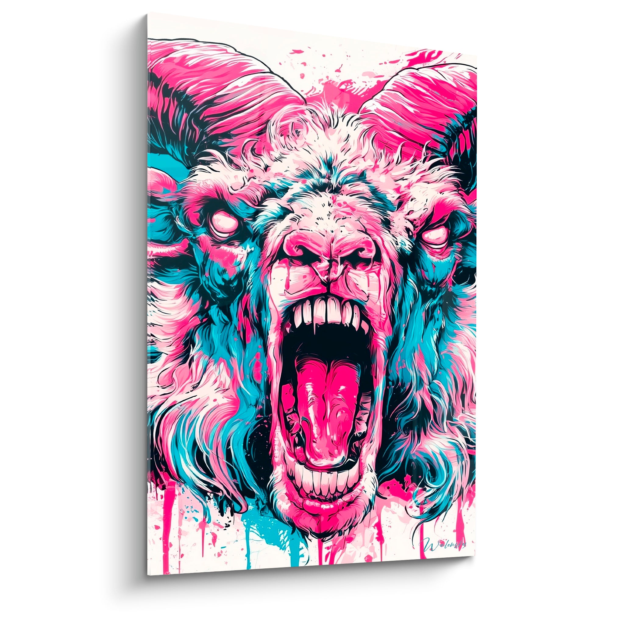 Bélier hurlant en rose fuchsia et bleu turquoise, gueule ouverte, style pop art graphique