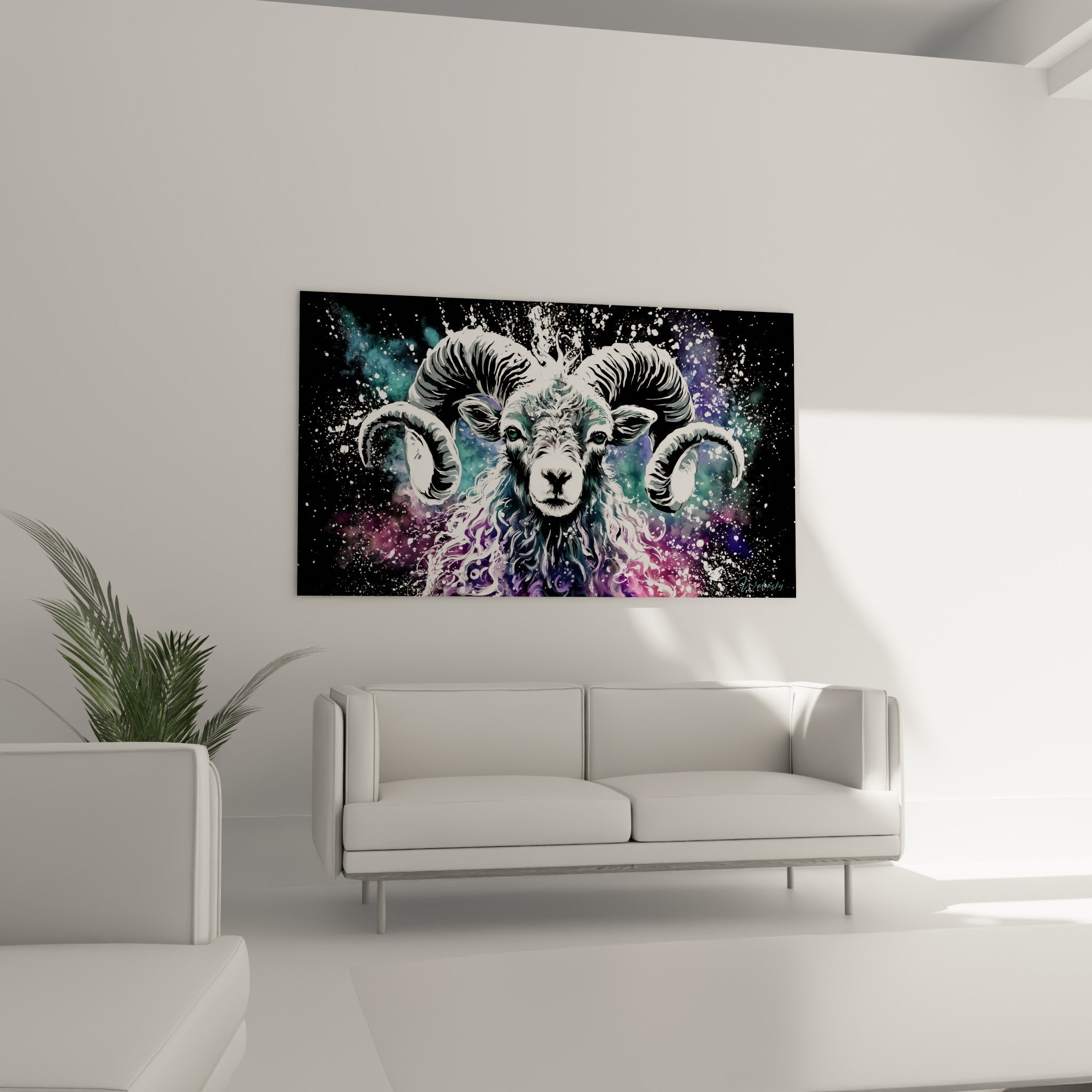 Toison ondulée du Bélier mêlant blanc et rose fuchsia, au-dessus d'un canapé dans un salon lumineux