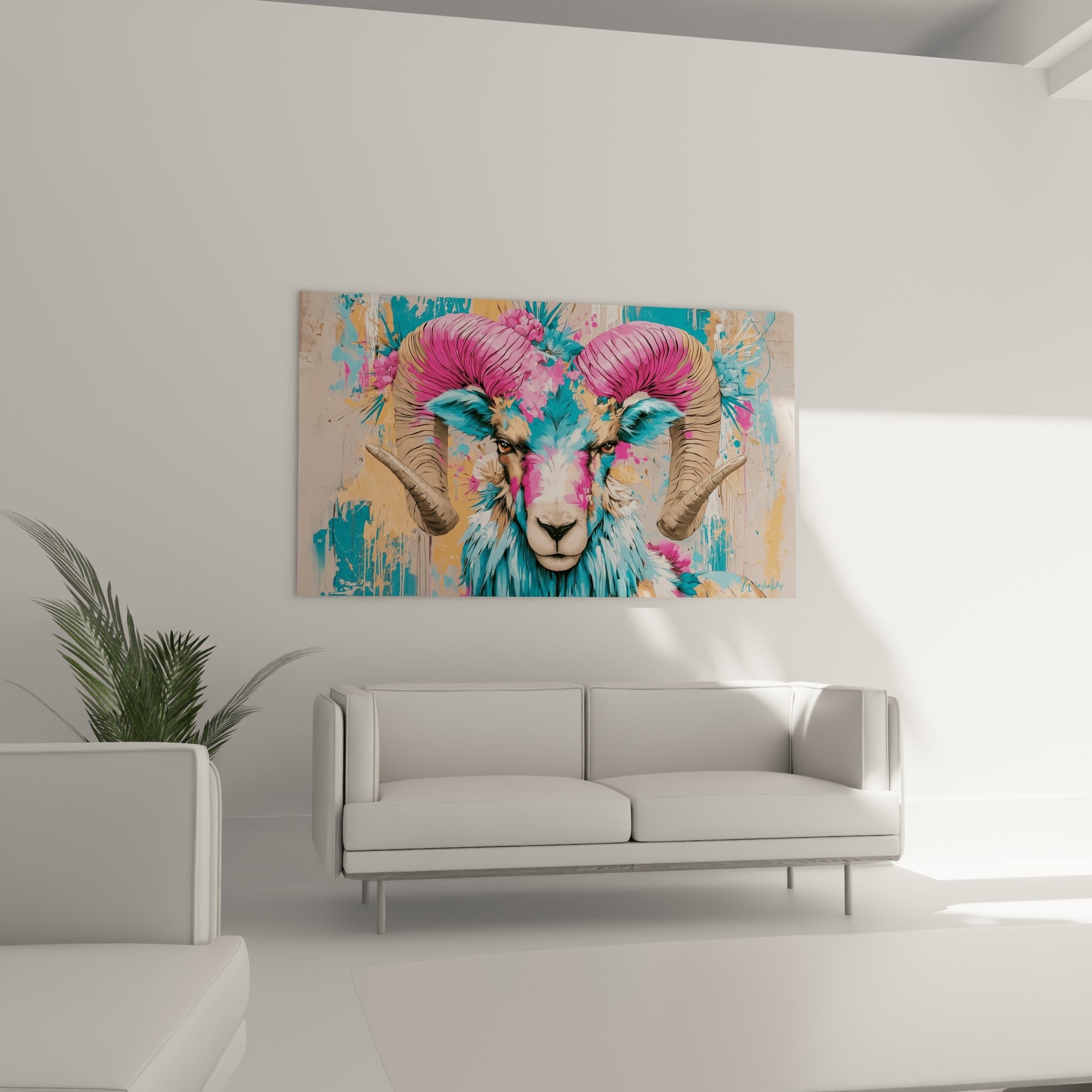 Face du Bélier peinte en rose et turquoise sur fond beige, au-dessus d'un canapé dans un salon lumineux